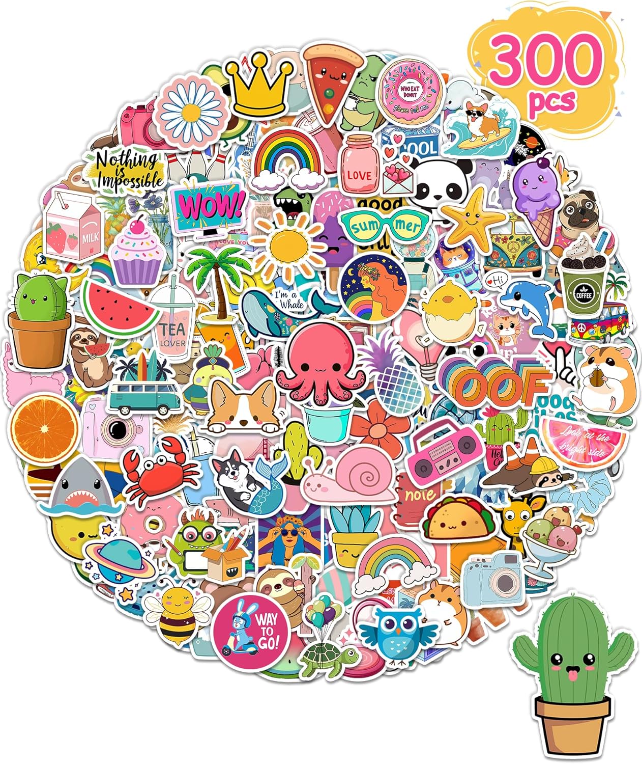 300 Pcs Stickers for Kids, Cute Water Bottle Vinyl Waterproof Laptop Stickers for Students Gifts School Supplies Classroom Teacher Prizes Sticker Pack for Kids Girls Teens