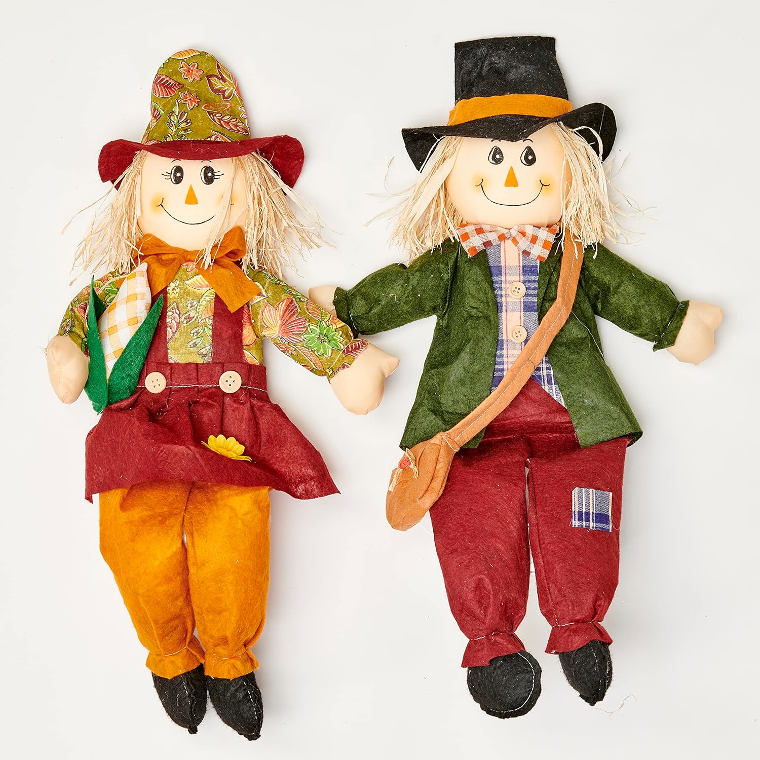 24" Fall Sitting Boy & Girl Harvest Scarecrow with Sack or Corn, Set of 2