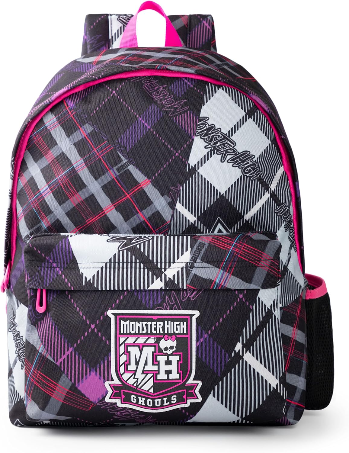 Monster High Ghouls Tartan Patchwork Backpack in Black, Pink, Grey & Purple | Girls & Women's Classic Plaid School Bag