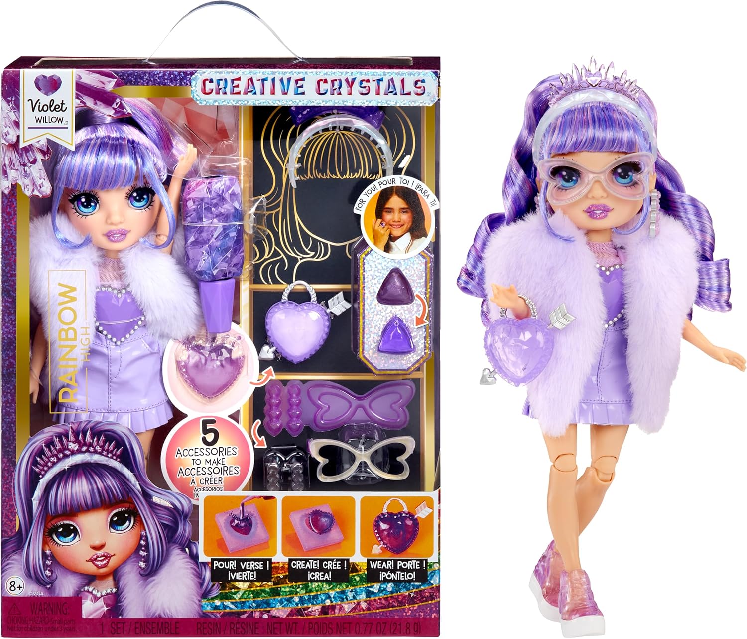Rainbow High Creative Crystals Violet - Purple 11” Fashion Doll with Crystal Accessory Make It Kit, Ring for You, DIY, Crafts, Resin Play, Kids Gift 8+