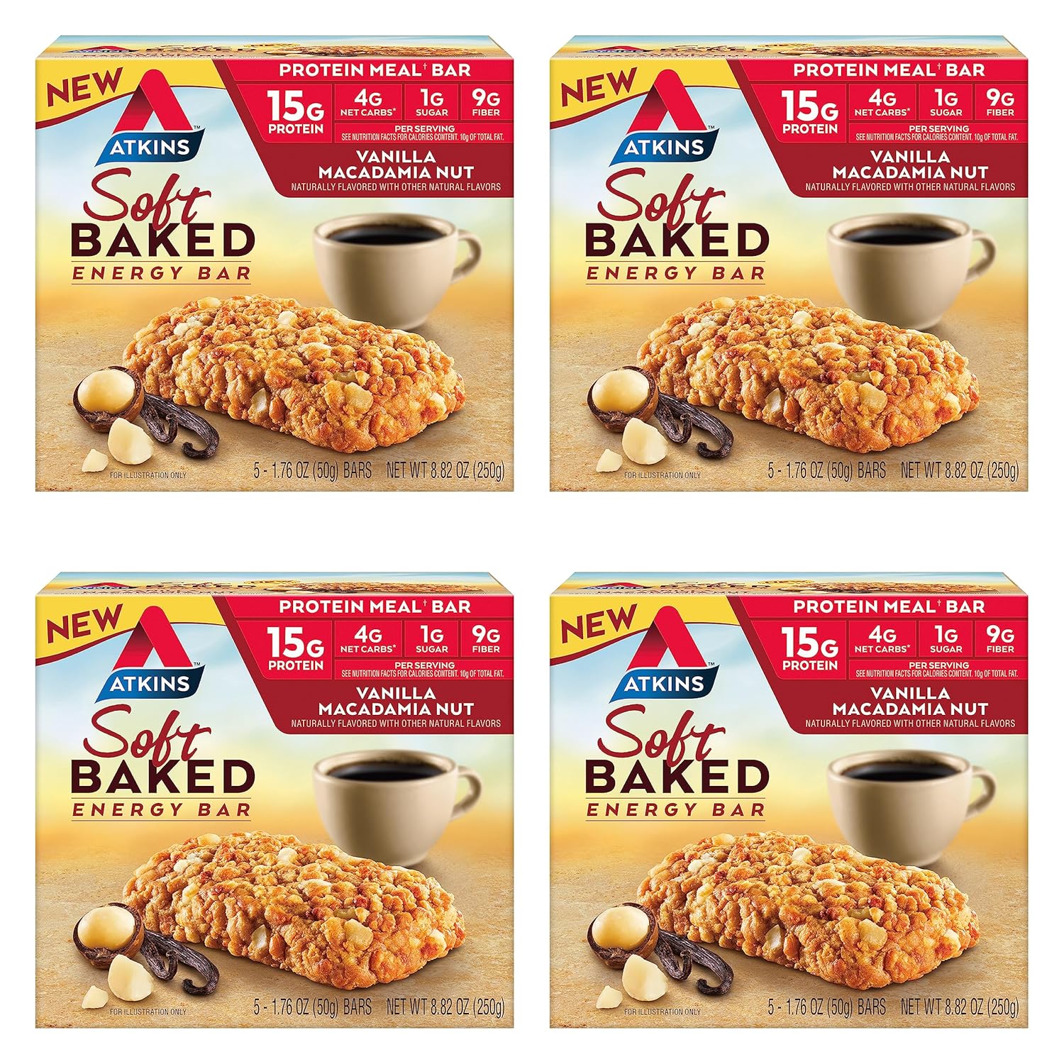 Atkins Vanilla Macadamia Nut Flavored Soft Baked Energy Bars, High in Protein, Low Sugar, High Fiber Snack, Protein Snack, 4 Packs (4 Bars Each)