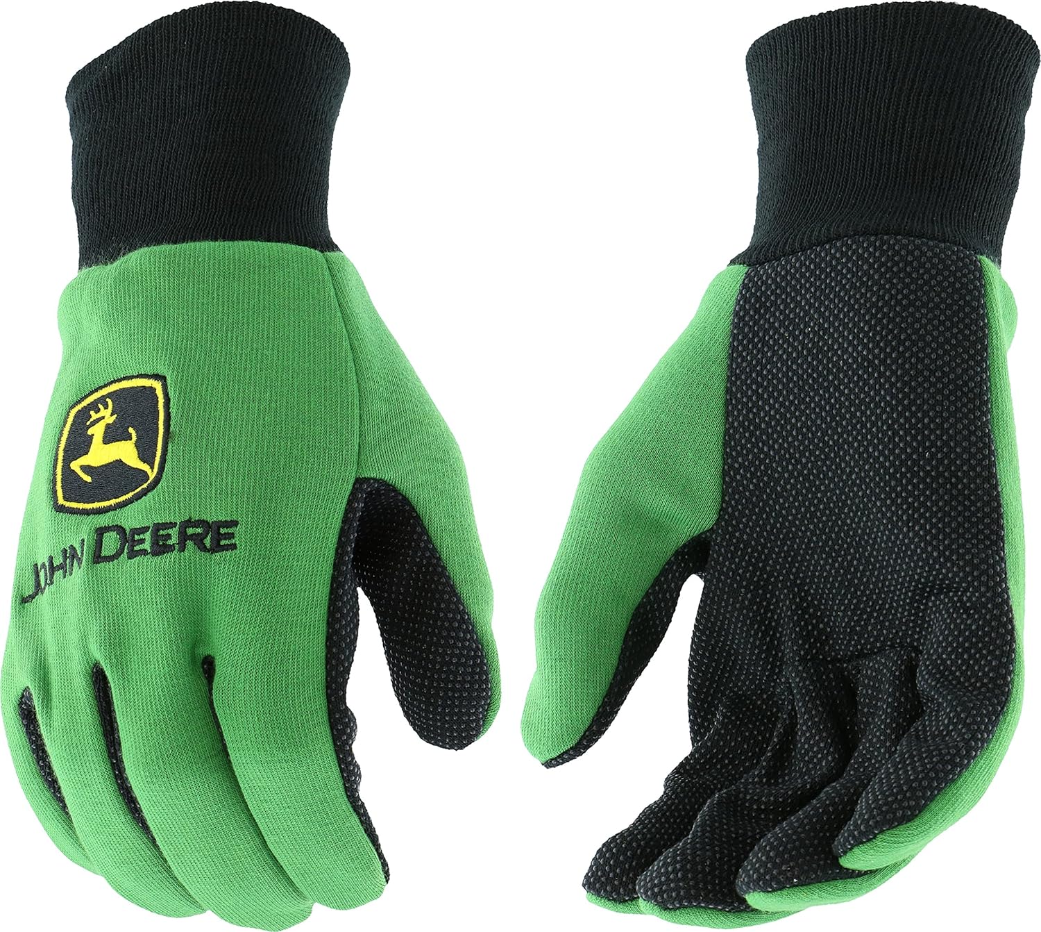 John Deere JD00002 Jersey Gloves - Large, 10 oz Jersey Gloves, Ribbed Knit Wrist, Polyester/Cotton Fabric Straight Thumb, Green/Black