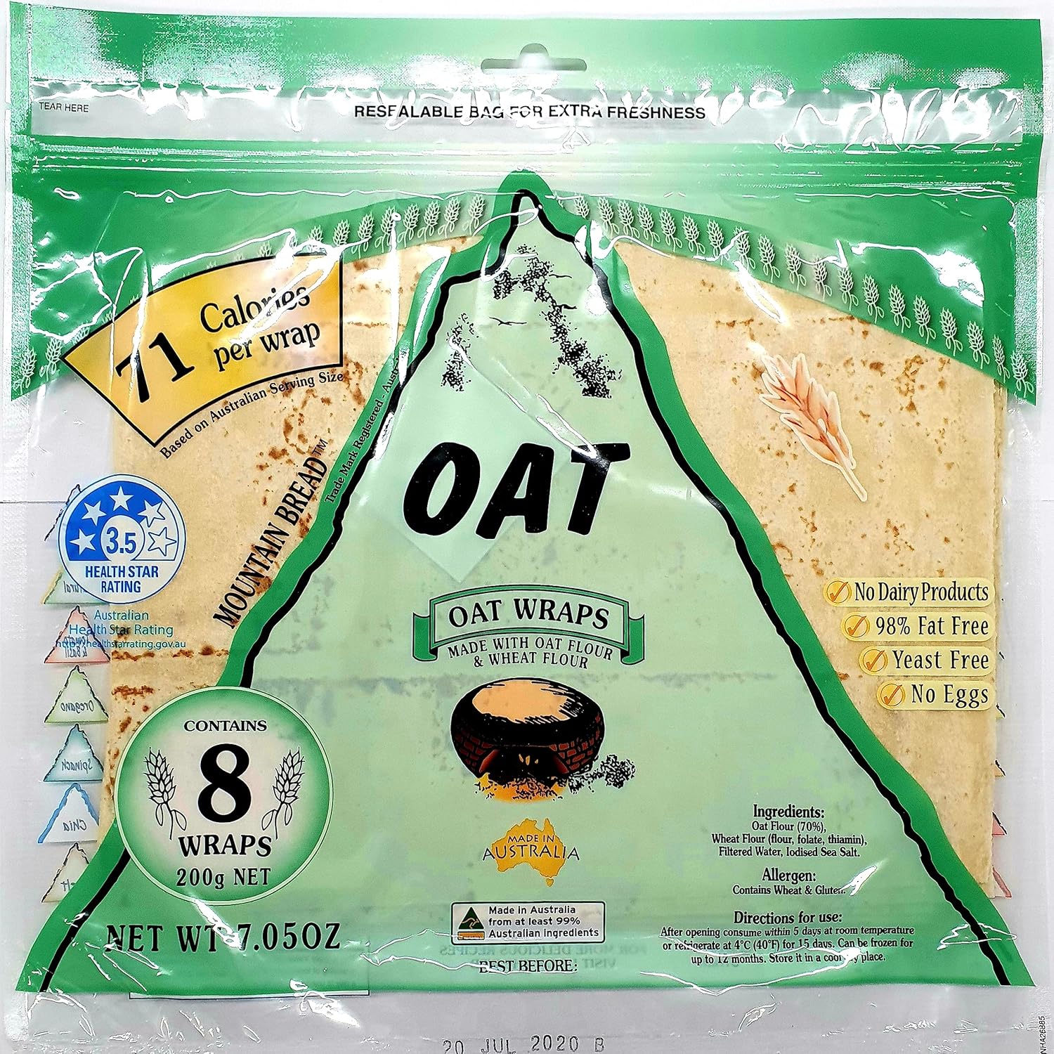 Mountain Bread 70% Oat Wraps 200 g