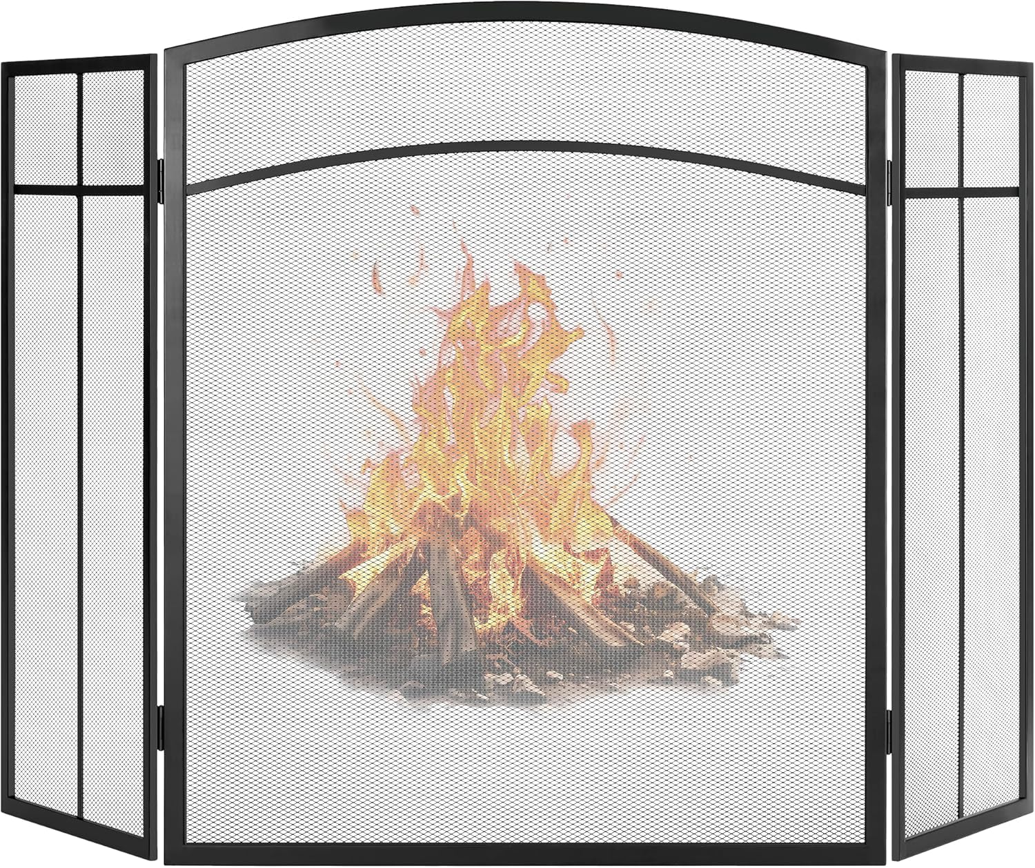 Gtongoko Fireplace Screen 3 Panel 48" W x 29" H Wrought Iron Metal Decorative Fire Spark Guard Cover for Living Room, Fits Most Standard Fireplaces, Black