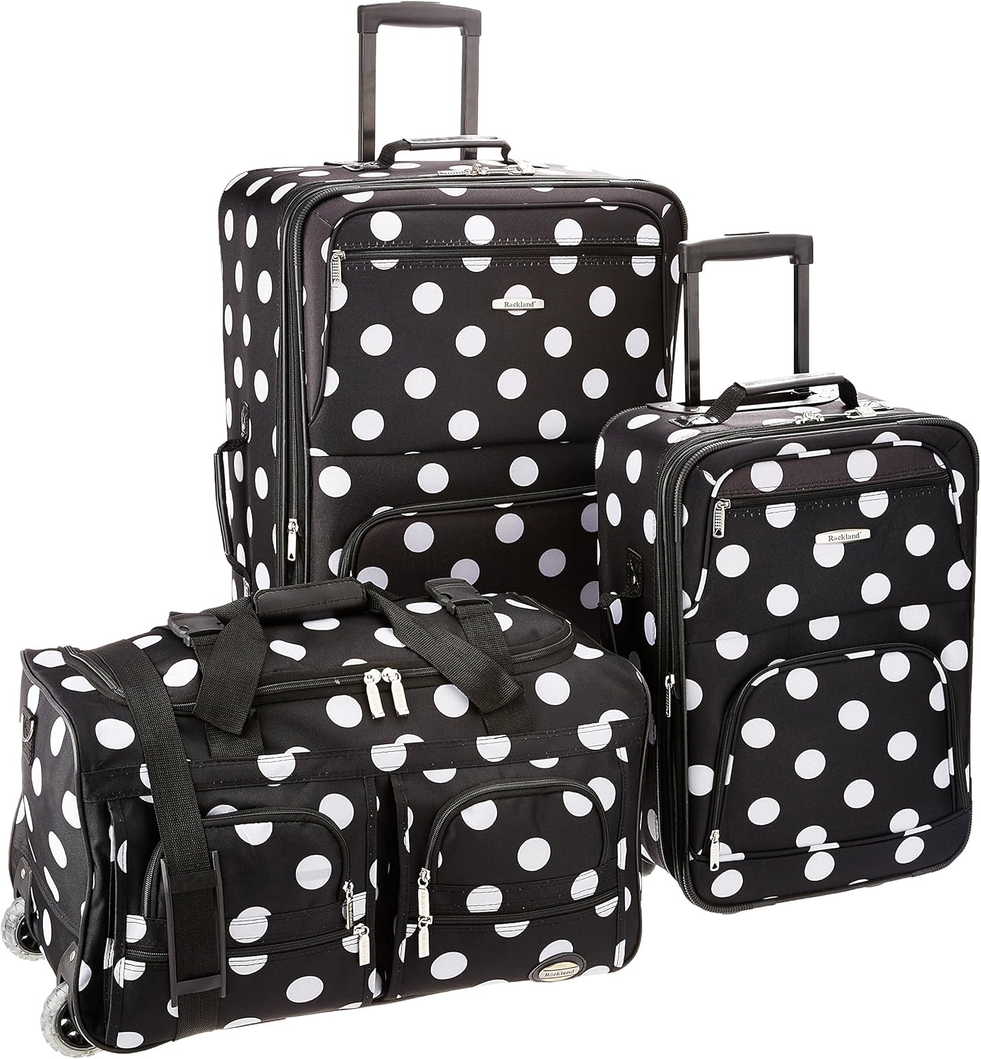 Rockland Vara Softside 3-Piece Upright Luggage Set, Expandable,Black dot, (20/22/28)