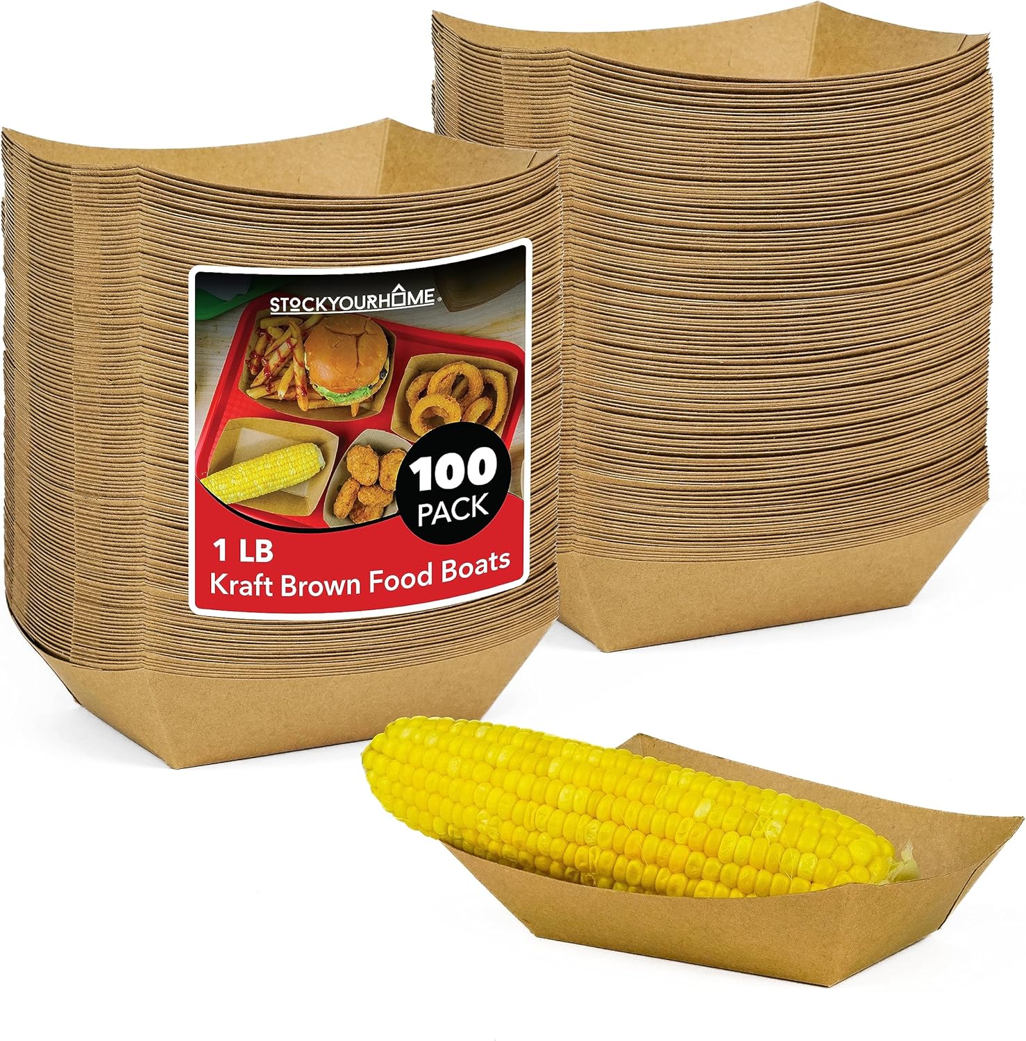 Stock Your Home 100 Pack 1-Lb Brown Kraft Paper Food Trays, Disposable Concession Tray, Serving Boats for Party Snacks, Taco Bar, Seafood, Nachos Plates, BBQ carneval picnic birthday party