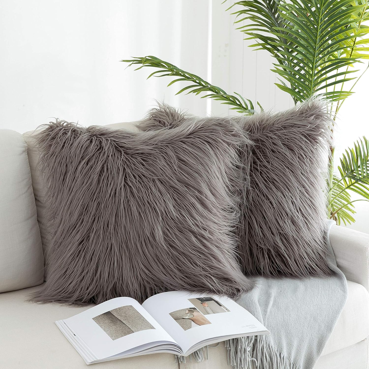 Kevin Textile Merino Style Mongolian Decorative Faux Fur European Sham Throw Pillow Covers for Couch, Set of 2, 20"x20"(50x50cm), Grey