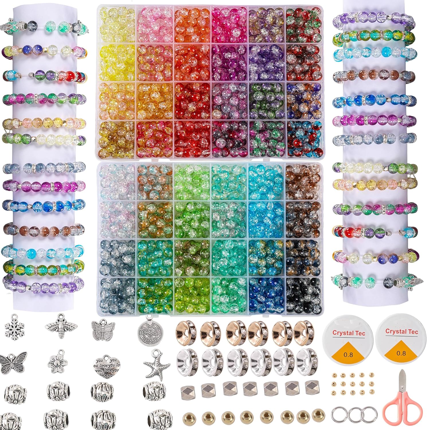 XJRLUK Glass Beads Bracelet Making Kit,1350PCS 48 Colors 8mm Crackle Glass Beads for Jewelry Making, Crystal Glass Round Beads Friendship Bracelet kit for DIY Crafts Gifts