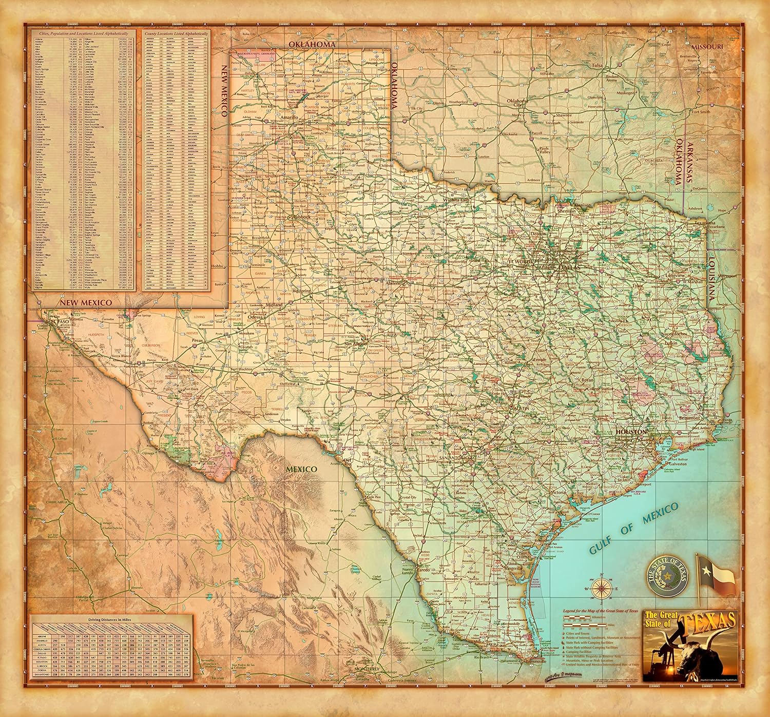 True North Publishing Texas Wall Map, Classic Antique Atlas Style, Features Shaded Relief Topography, Decorative & Functional - Choose Paper or Laminated (Laminated, 39" W x 36" H)