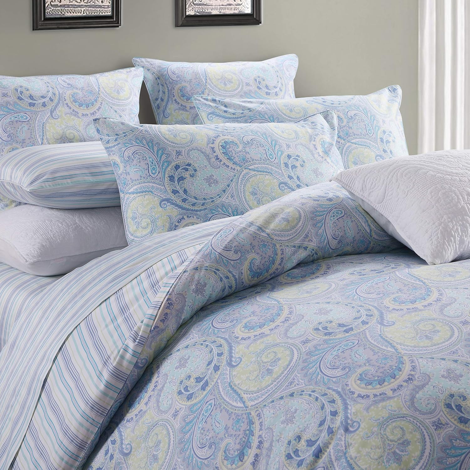 USTIDE 3-Piece Blue Paisley Duvet Cover Set Luxurious Egyptian Cotton Bedding Set All Seasons Reversible Home Textile,Double Size