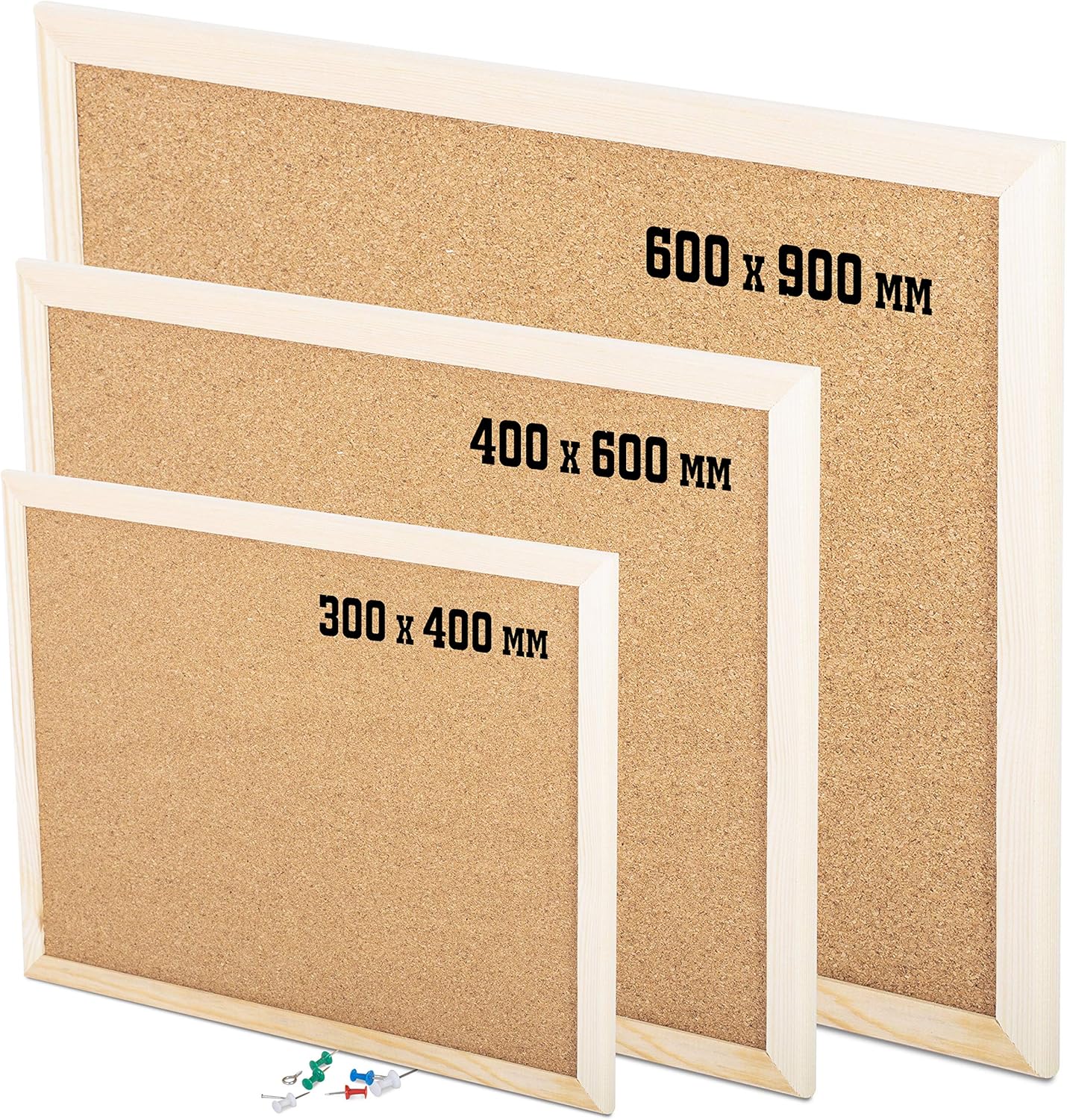 KAV - Cork Notice Office Memo School with 6 Push Pins Classic Wood Natural Frame Board, Brown (Various Sizes to Choose from) (300MM x 400MM)