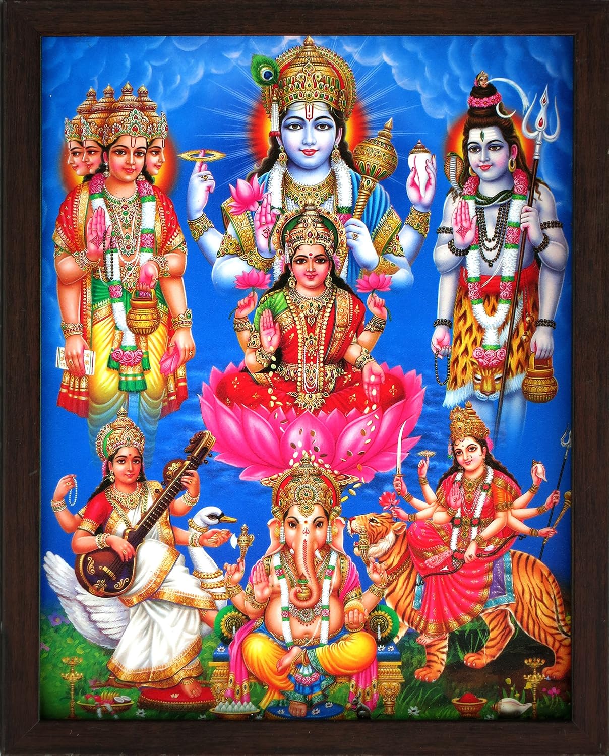 HandicraftStore Lakshmi with other God Shiva, Ganesha, Vishnu, Narad. A Poster painting with frame