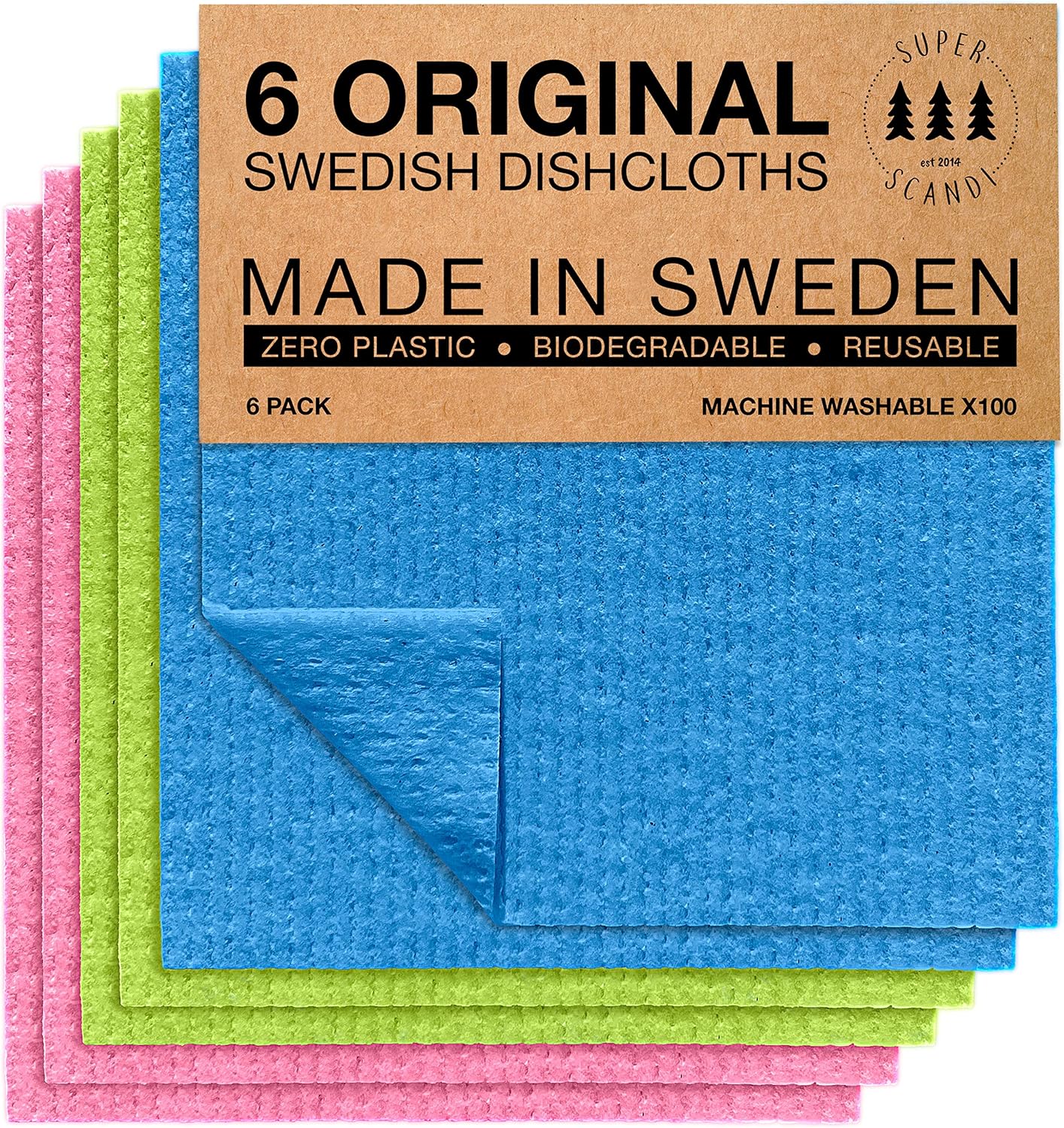 SUPERSCANDI 6 Pack Reusable Cleaning Cloths - 100% Biodegradable & Compostable | Washable Swedish Dishcloth - Food-Safe & Plastic-Free | Kitchen Cloth Suitable for Any Surface, Pink Green Blue