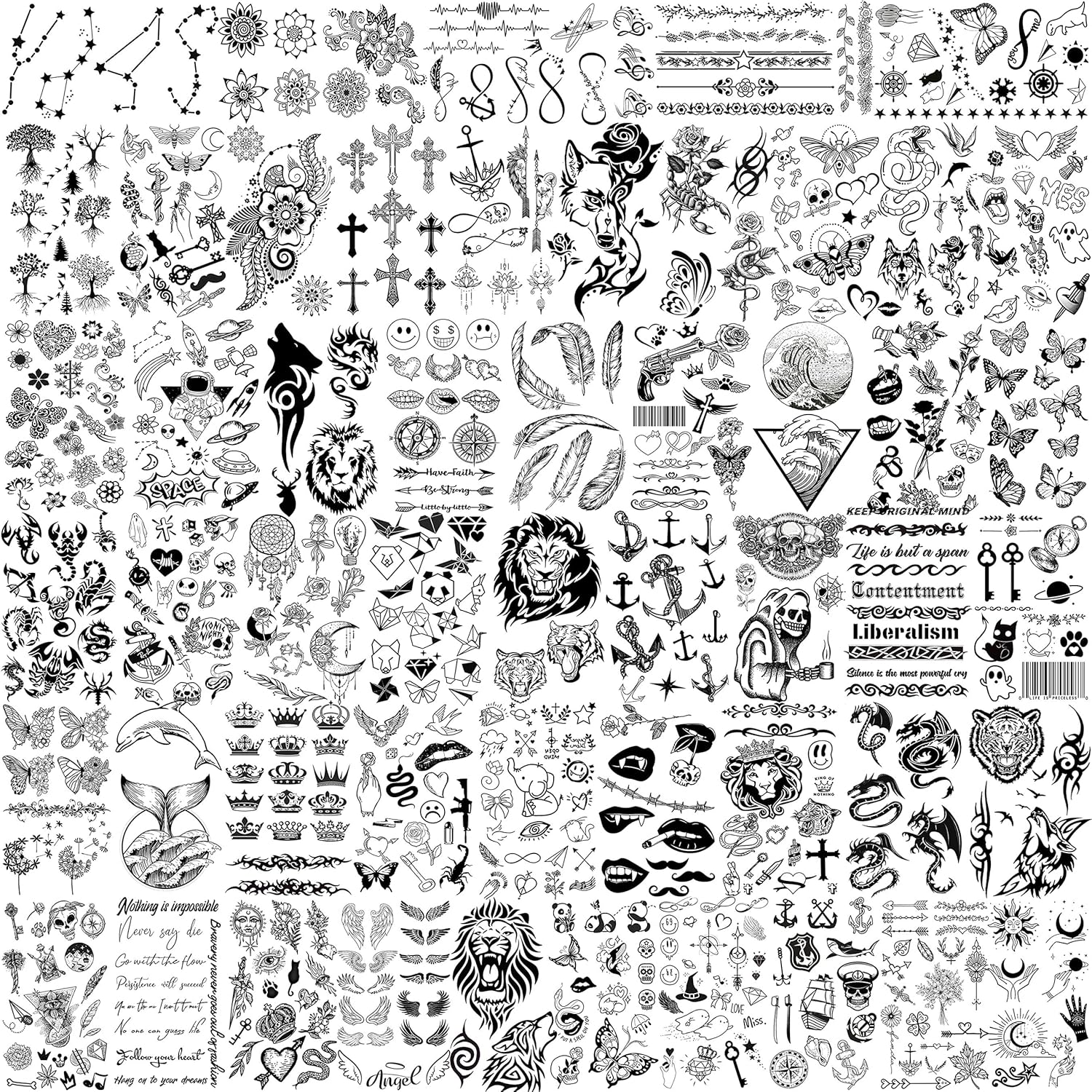 EGMBGM 52 Sheets Tiny Small Temporary Tattoos For Kids Boys Girls, Tribal Animals Butterfly Anchor Compass Tattoo Stickers For Men Women, 3D Cute Flower Fake Face Tatoo Kits Sets For Neck Arm Hands