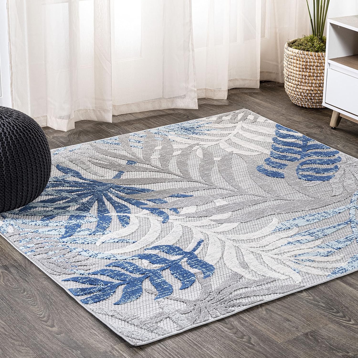JONATHAN Y AMC100A-6SQ Tropics Palm Leaves Indoor Outdoor Area Rug Bohemian Floral Easy Cleaning High Traffic Bedroom Kitchen Backyard Patio Porch Non Shedding, 6 ft Square, Gray/Blue