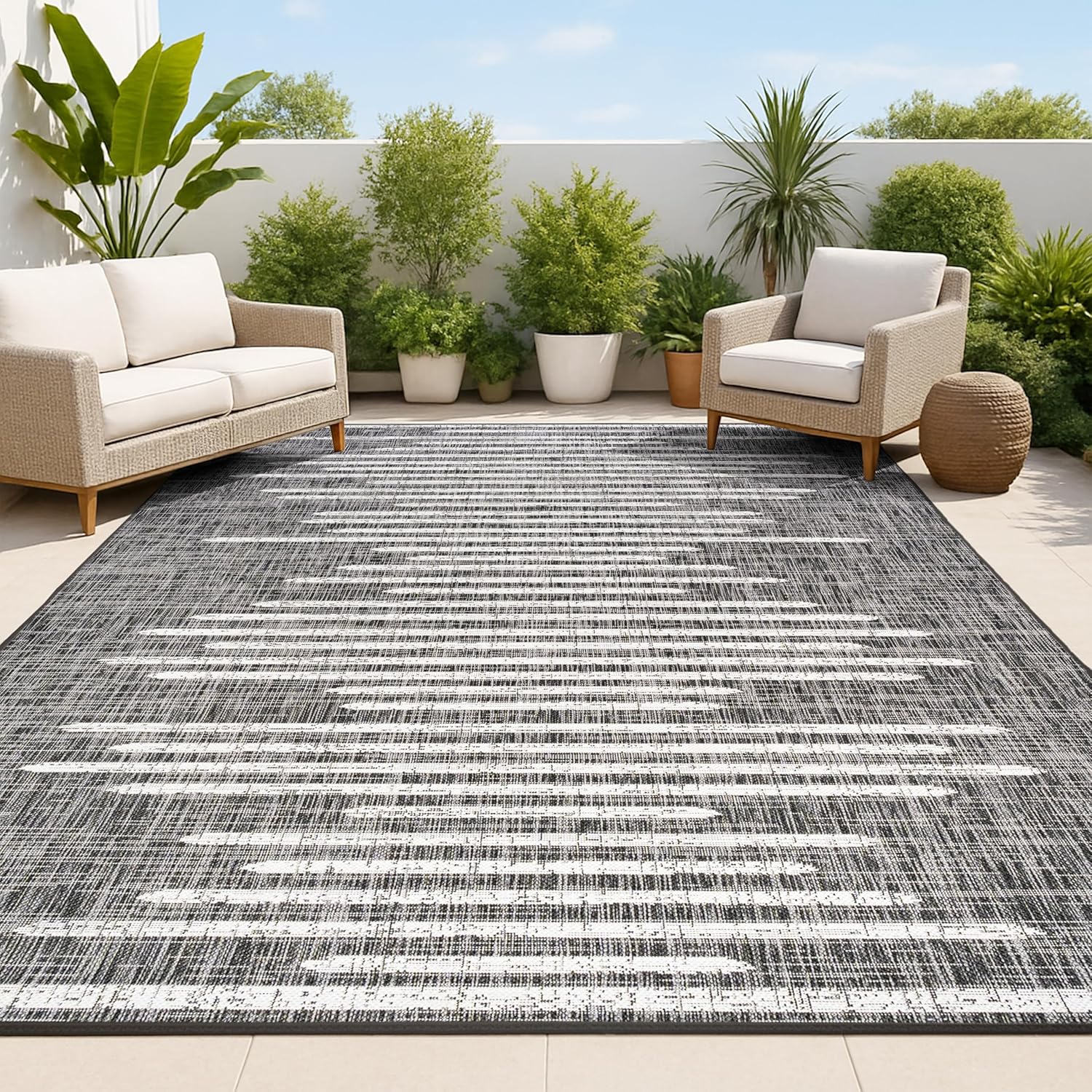JONATHAN Y Stripe Geometric Indoor Outdoor Area Rug 5X8 Black/Ivory, Zolak Berber for Backyard, Patio, Porch, Easy-Cleaning, High Traffic, Pet-Friendly, Non-Shedding (SMB124E-5)