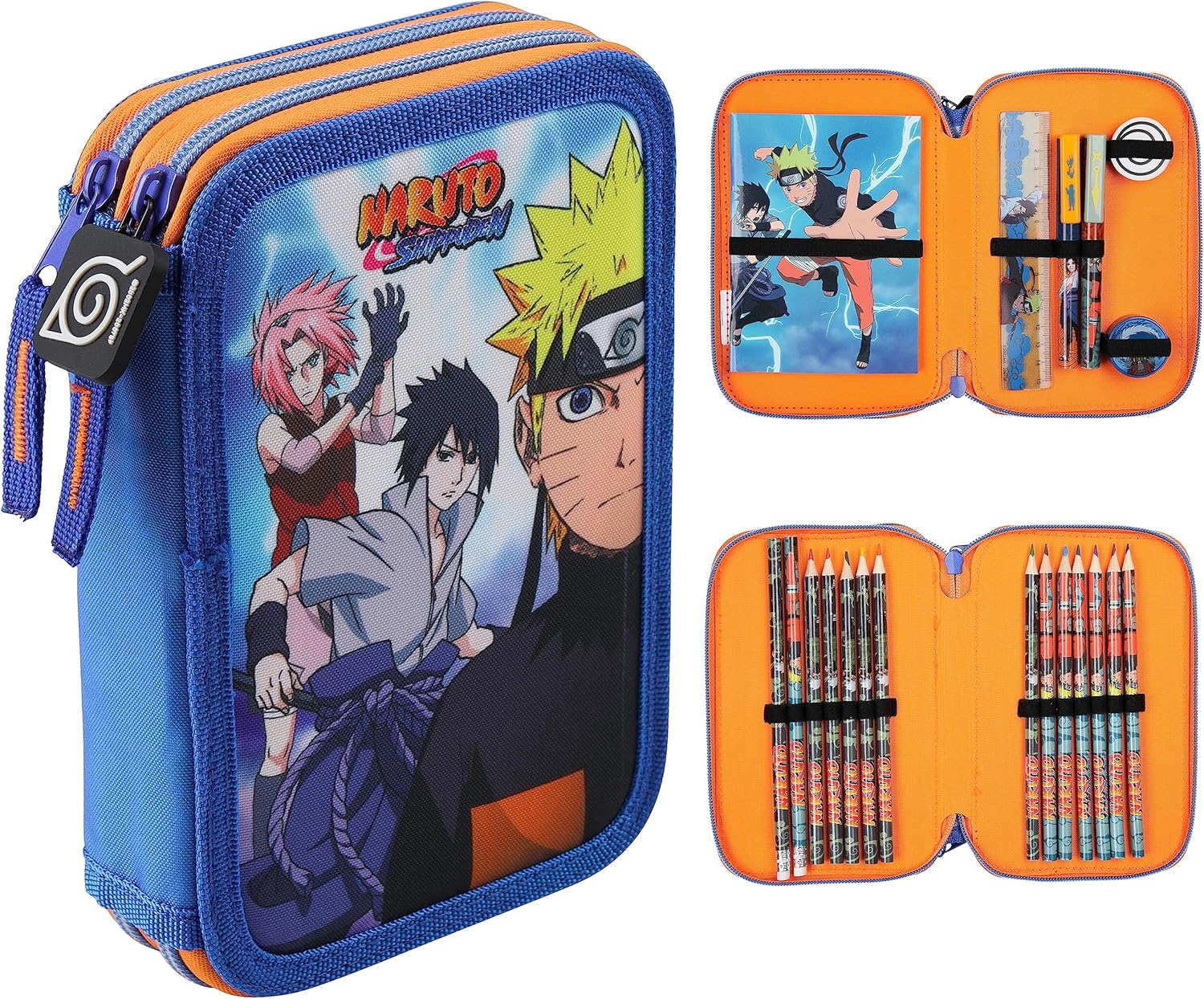Naruto Pencil Case with Stationery Included School Supplies Filled Large Pencil Case 2 Compartments Colouring Pencils Mini Notebook Boys Stationery Set Anime Gifts for Boys