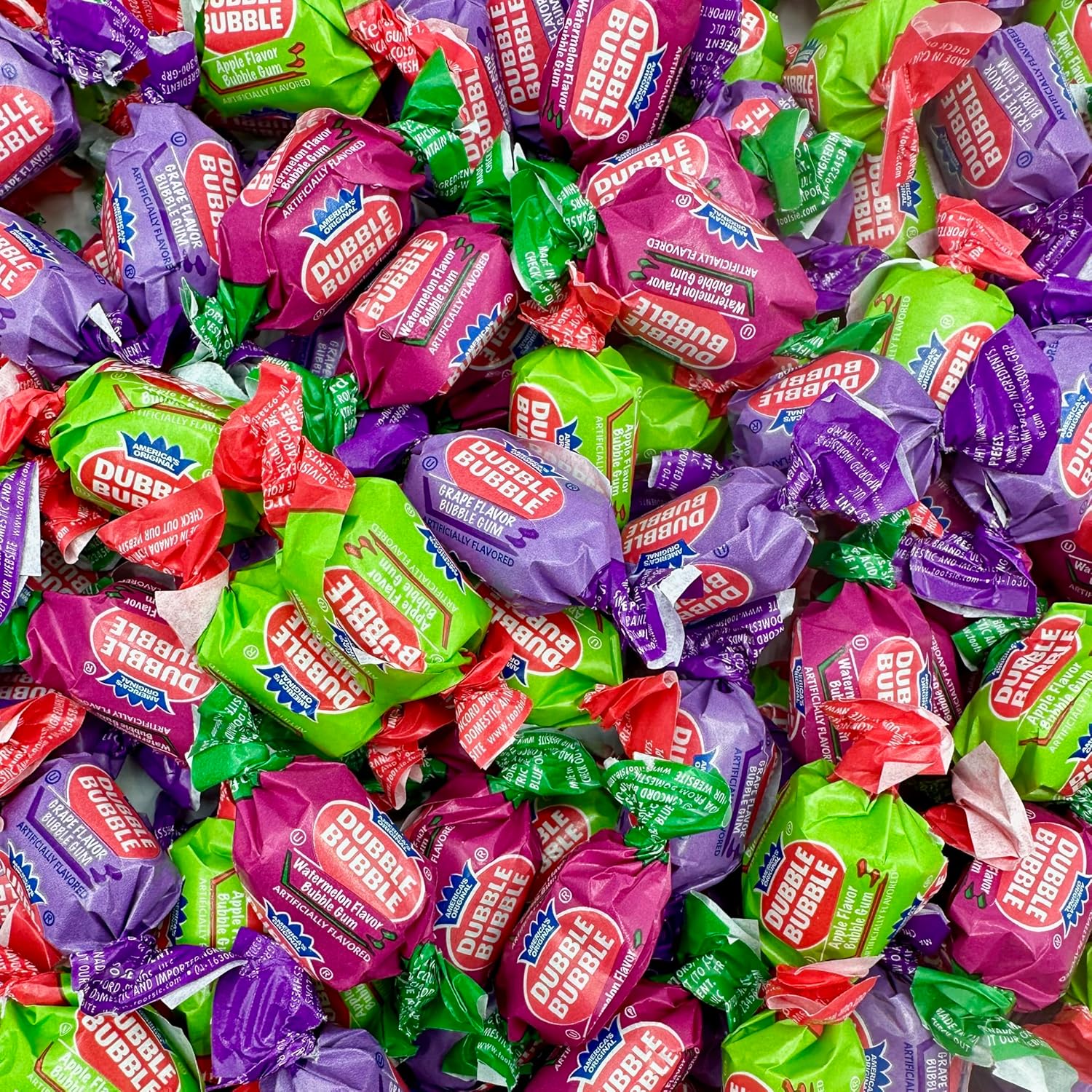 Dubble Bubble Assorted Fruit Flavor Gum - 1 Pound Bulk Bag of 3 Flavor Individually Wrapped Bubble Gum - Grape, Watermelon, Apple - Chewing Bubble Gum (Approx. 70 Pieces)