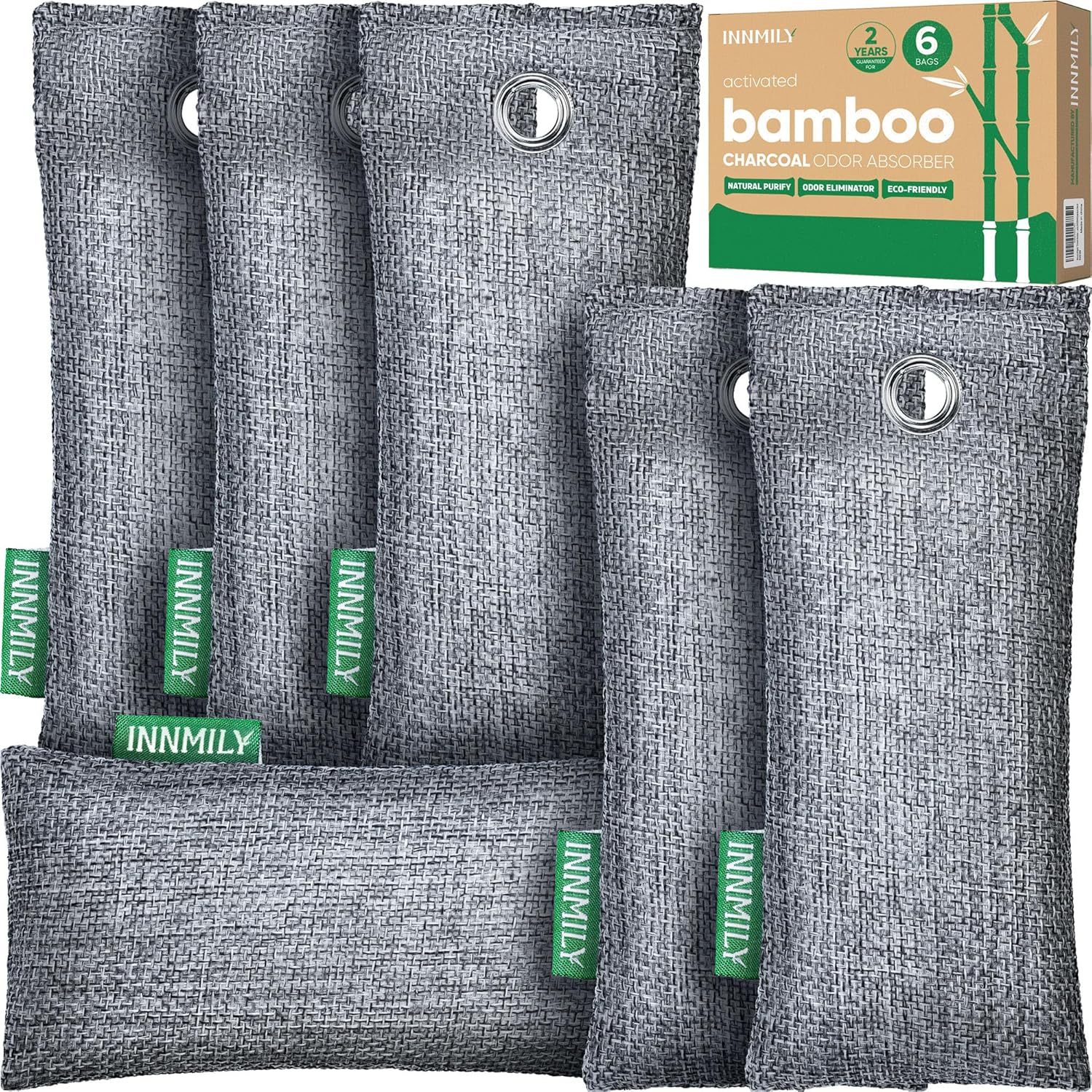 Innmily Bamboo Charcoal Air Purifying Bags, 6 Pack Natural Shoe Odor Eliminator, Sneaker Deodorizer and Moisture Absorbers for Clean Footwear, Shoe Odor Remover