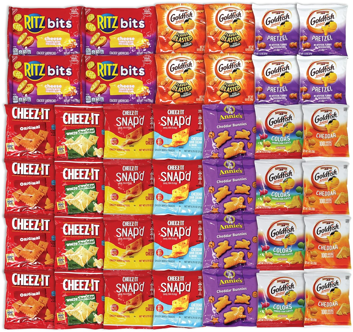 Niro Assortment | 40 Packs Individual Bags Cheese Crackers Variety Pack, Cheez-It, Gold fish, Annie's, and Ritz Bits Snack Packs | Snacks for Adults and Children