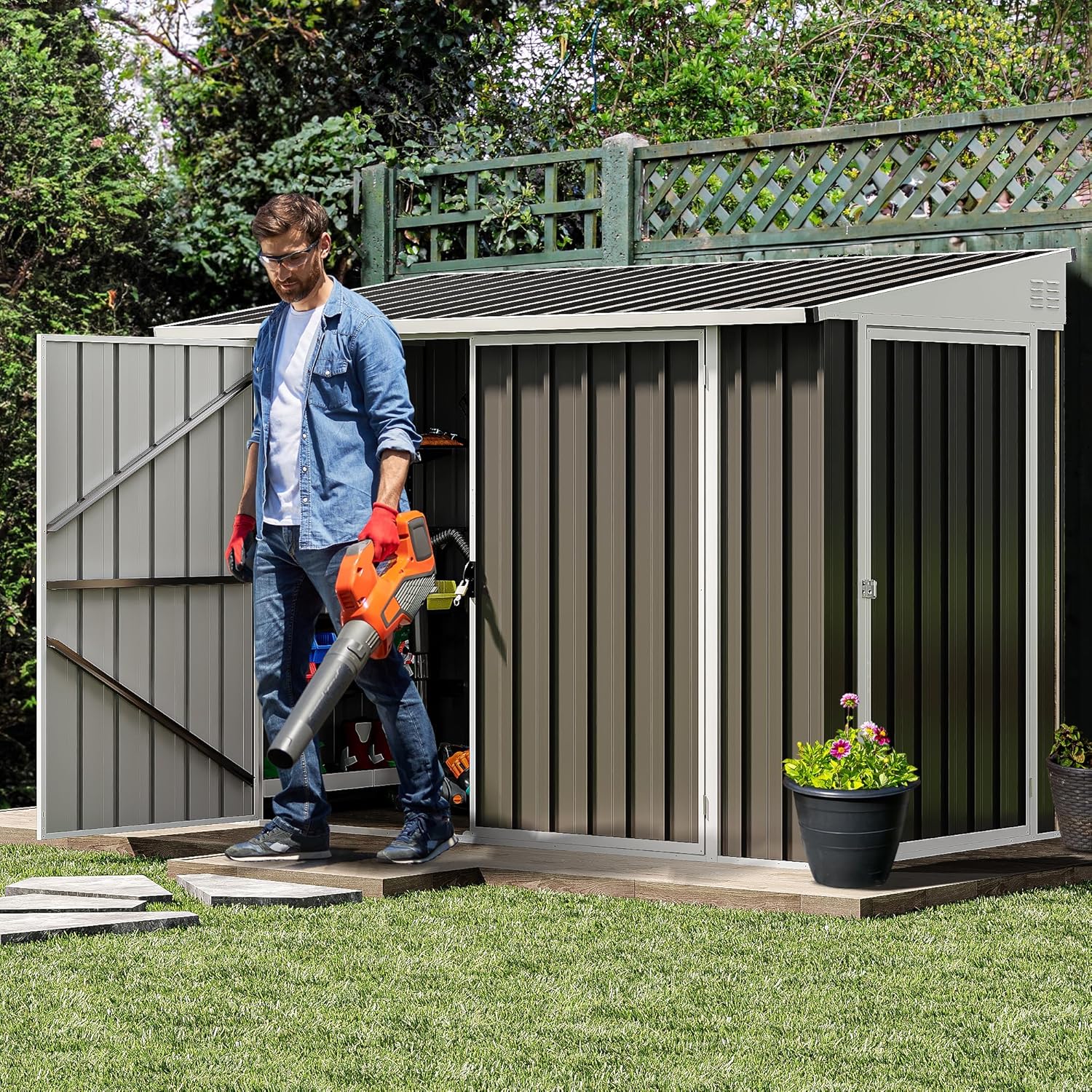 DWVO 8x4 FT Outdoor Weatherproof Storage Shed, Secure Metal Bike Shed w/Lockable Entry, Garden Storage Solution for Lawn Equipment, Tools, Waste Bin, Dark Gray