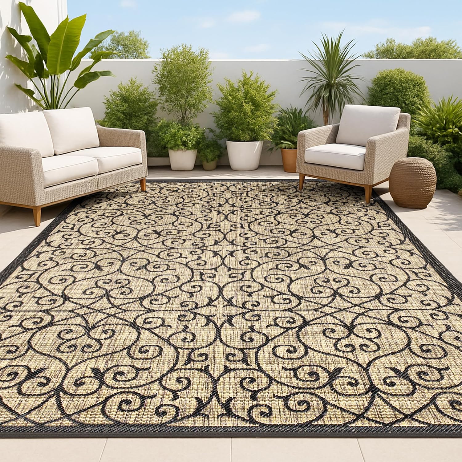 JONATHAN Y Vintage Filigree Indoor Outdoor Area Rug 5X8 Black/Khaki, Madrid Textured Weave for Backyard, Patio, Porch, Easy-Cleaning, High Traffic, Pet-Friendly, Non-Shedding (SMB107A-5)