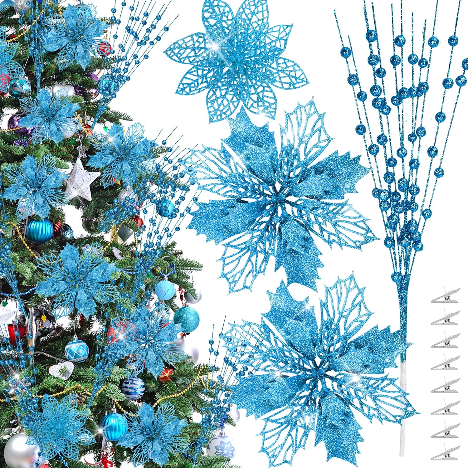 OCTERIC 30 Pcs Glitter Poinsettia Flowers Artificial Berry Stem Branch Christmas Tree Ornaments Christmas Flowers with Clips for for Xmas Party Decorations Wreath Floral Holiday Decor (Blue)