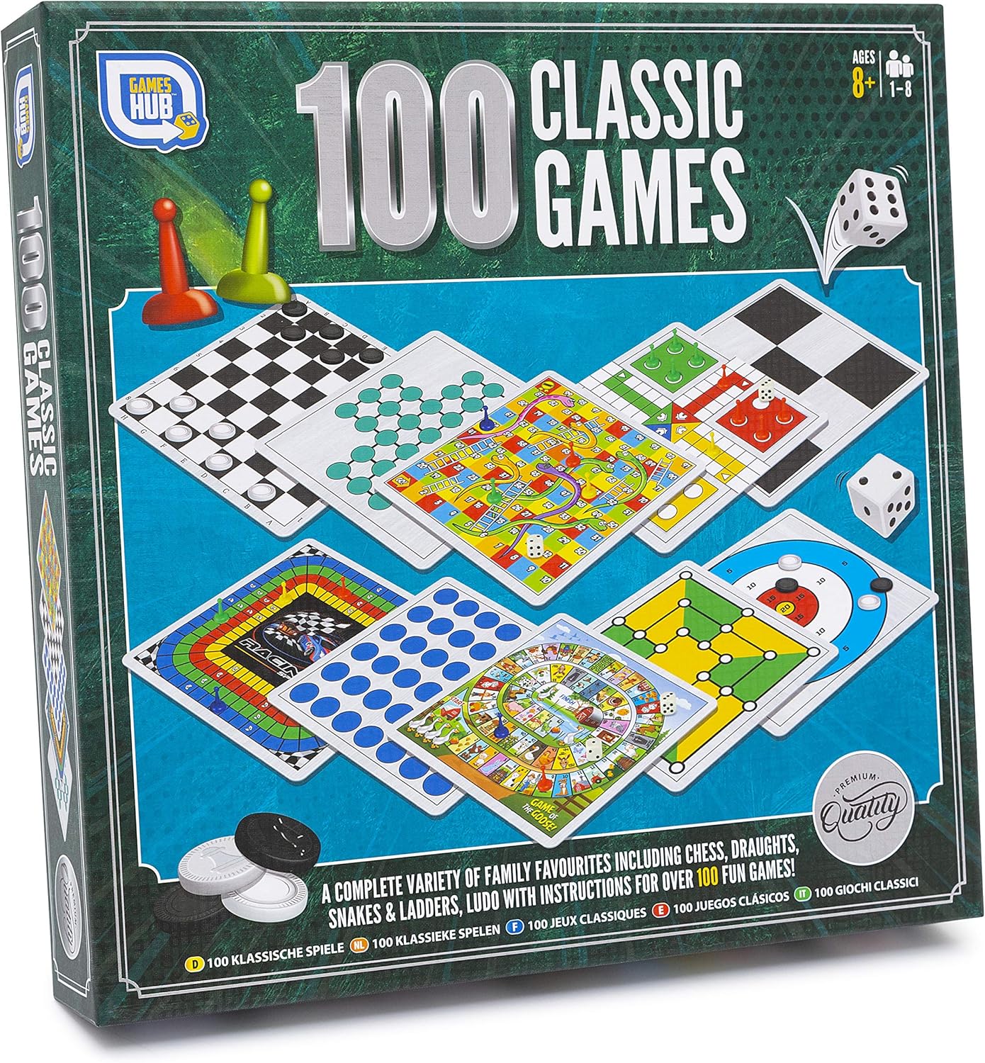 Grafix 100 Classic Games Compendium - Family Board Games: Chess, Ludo, Snakes & Ladders & More - 2 Players, Ages 8+
