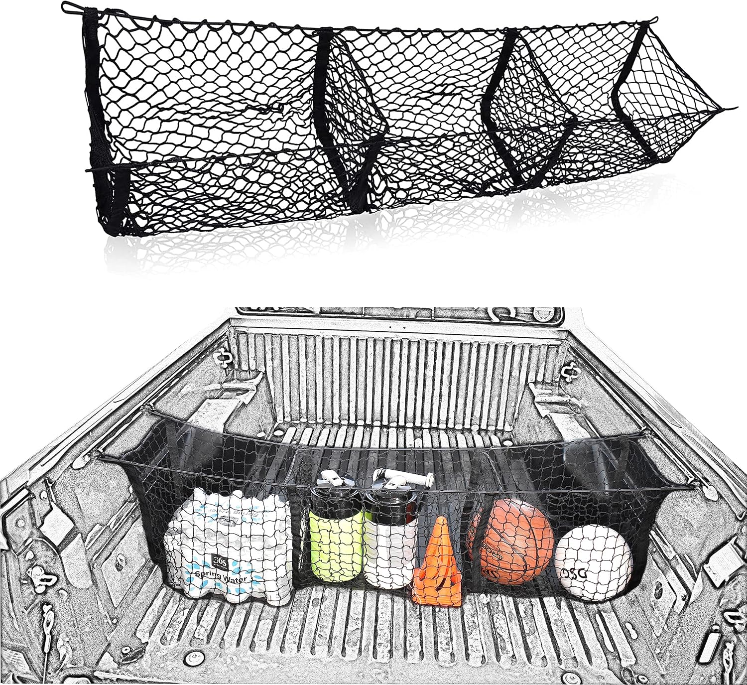 Three Pocket Cargo Net for 2005-2024 Toyota Tacoma - Patented Design - Premium Truck Bed Organizers & Storage - Grocery Holder - Designed in USA