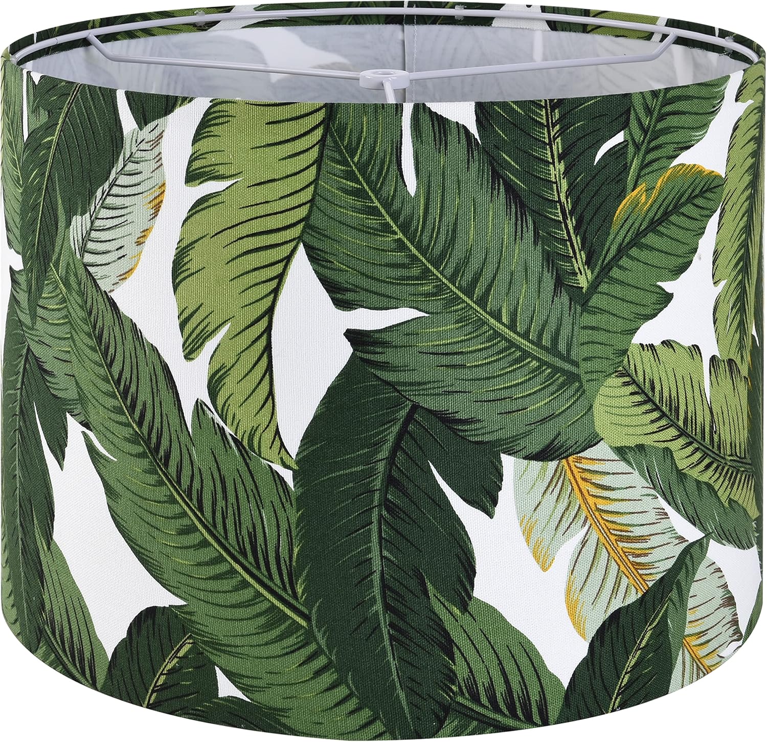 Tropical Lamp Shades - Natural Burlap Drum Lampshades with Greenery Leaf Print - 13" Top x 13" Bottom x 10" High - Ideal for Table & Floor Lamps - Hand Crafted - Farmhouse Decor - Assembly Required