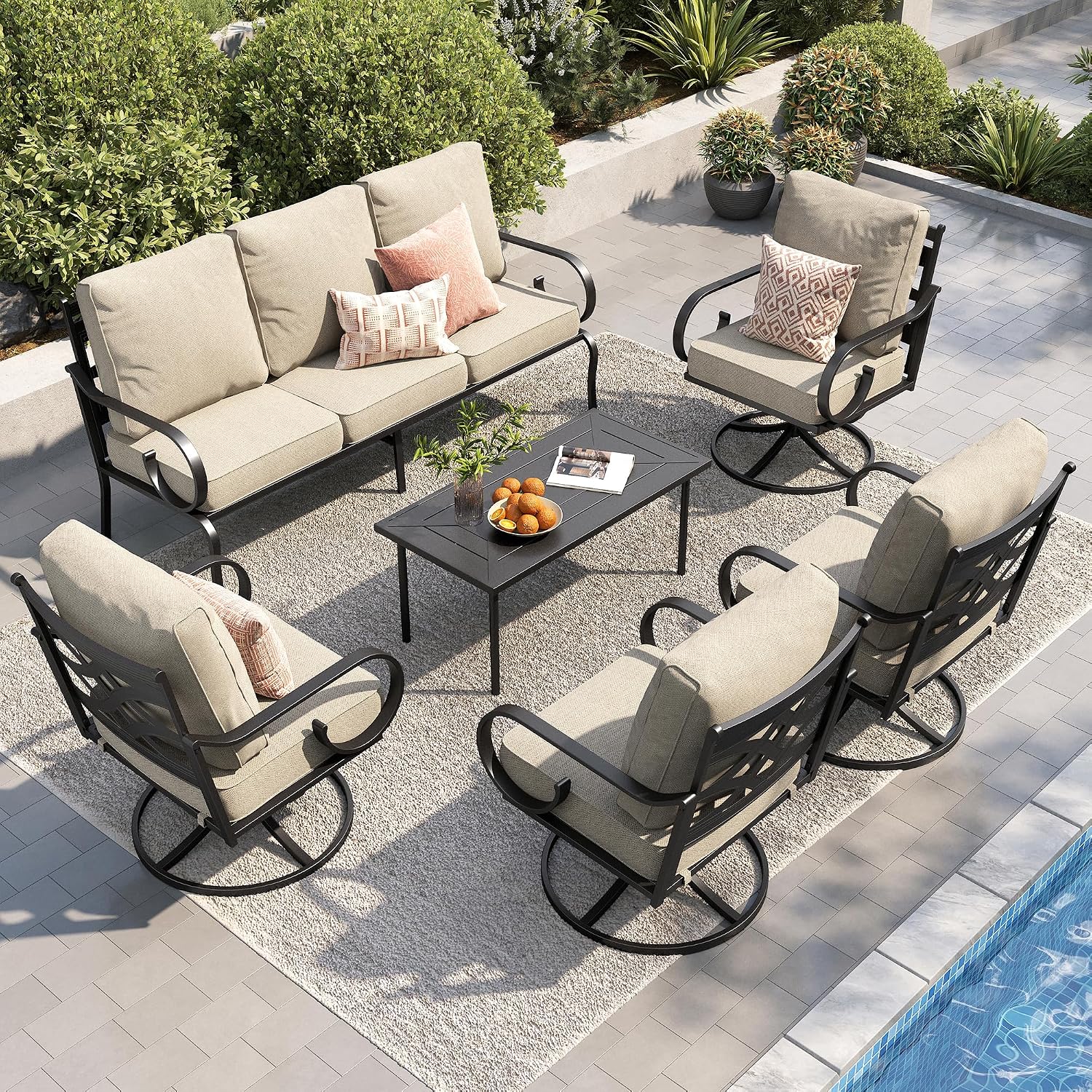 PHI VILLA 7-Seat Metal Patio Furniture Set with 4 Swivel Chairs, Beige