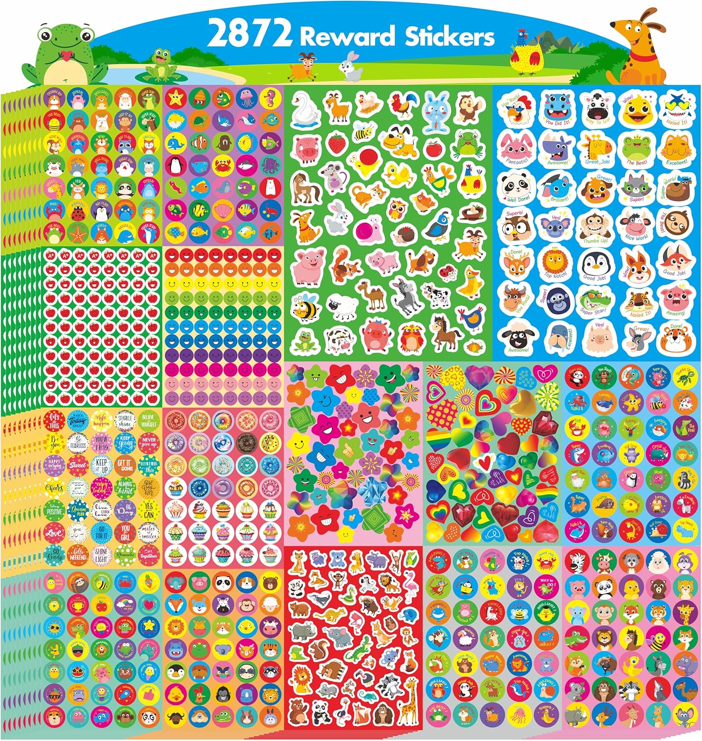 2872 Large Incentive Stickers, 64 Sheets Round Encouragement Stickers, Animals Donuts Cupcakes Stars Hearts Motivational Teacher Classroom Reward Gifts Encourage Kids to Do Chores Go to The Toilet