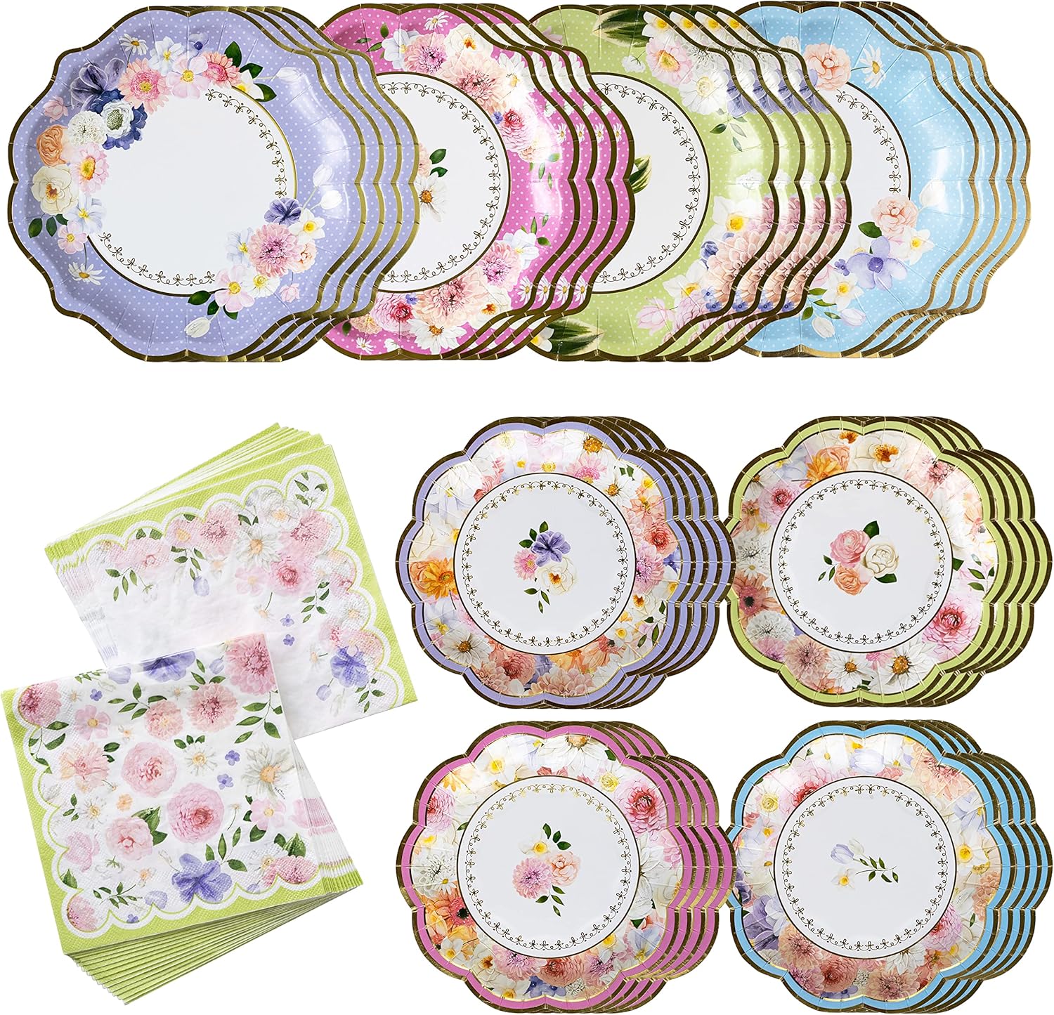 Kate Aspen Tea Party Decorations Tableware Set (62 Pc, 16 Guests), Colorful Pastel Party Supplies for Bridal Showers, Baby Shower, Garden Party, Birthdays