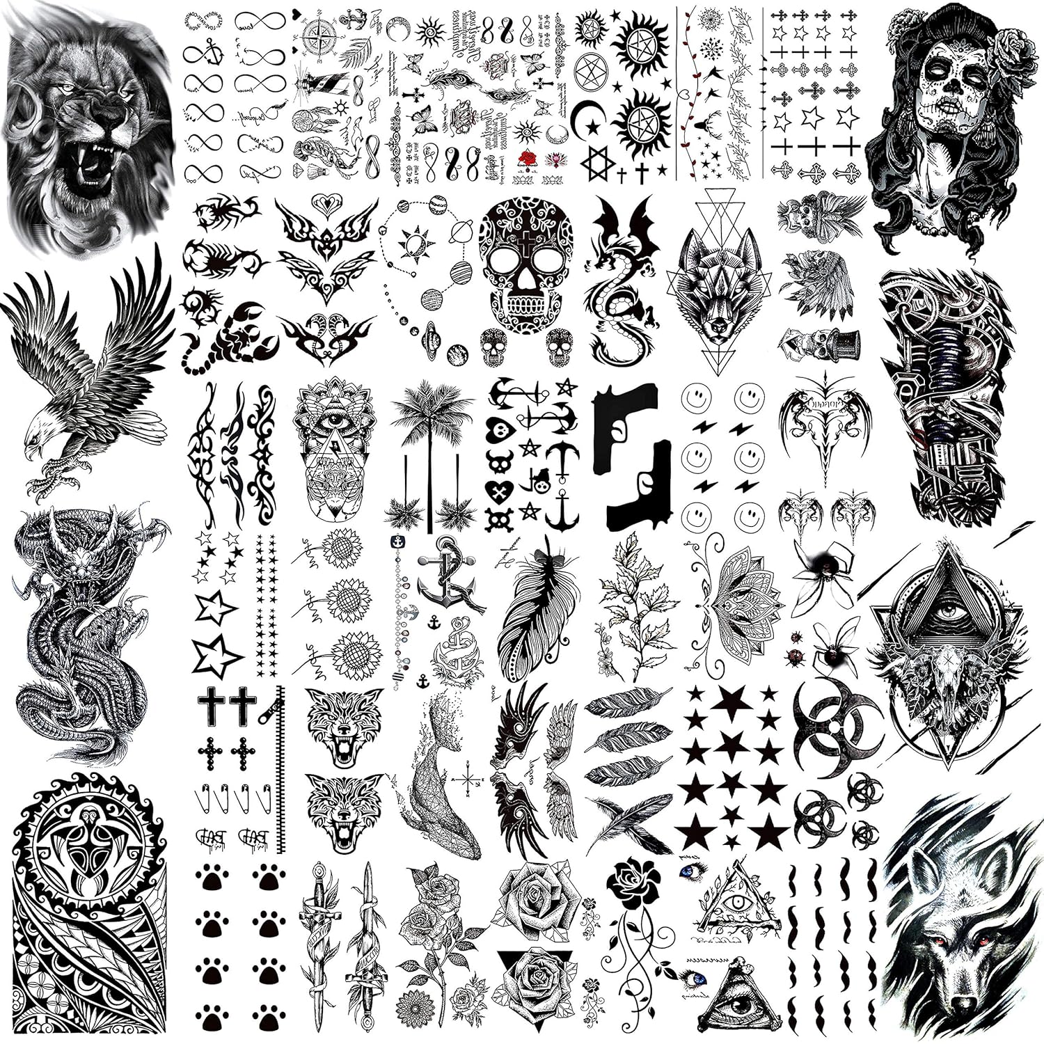 50 Sheets Black Temporary Tattoos For Men Adults Ealge Dragon Lion Wolf Animals For Women Neck Arm Thigh, Fake Small Skull Tattoo Sticker For Kids Children Boys Girls Tatoos