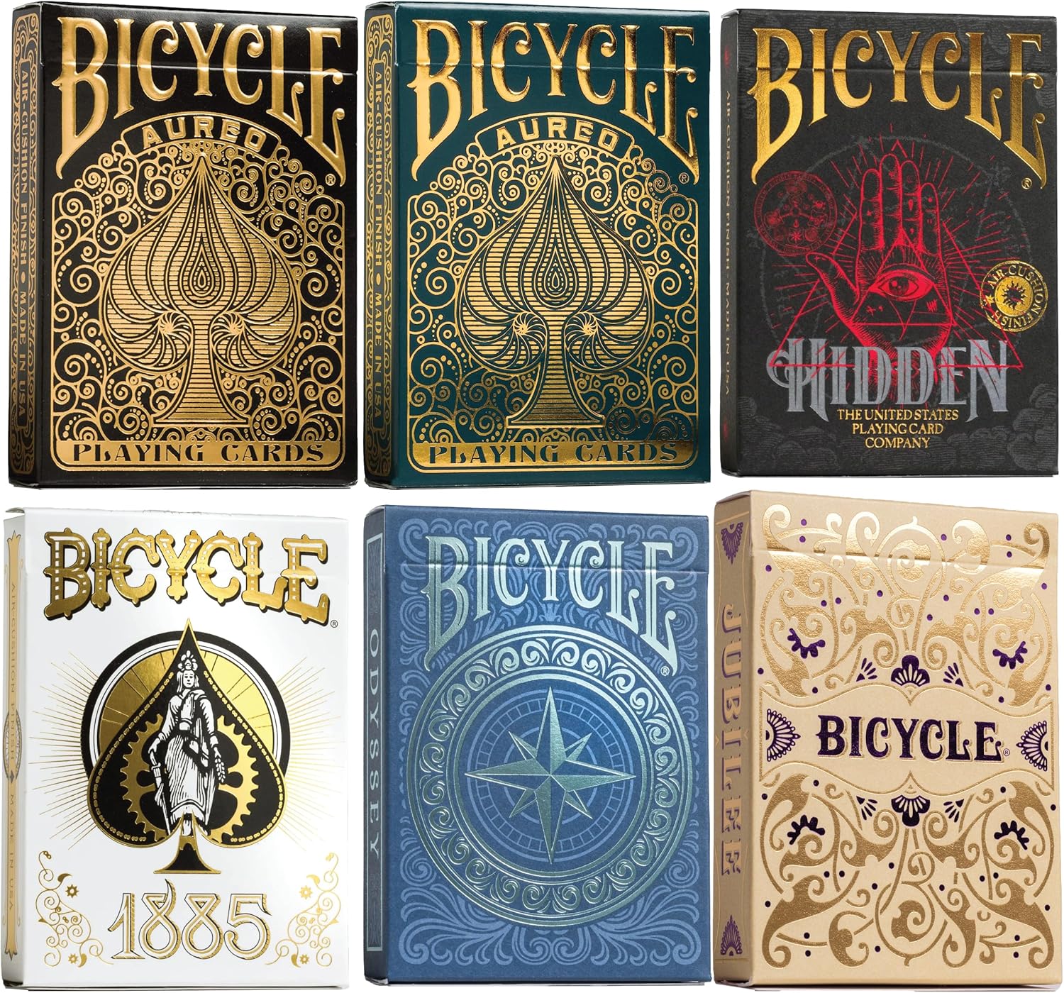 Bicycle Collector's Edition: 6-Deck Bundle Showcasing Odyssey, 1885, Jubilee, Hidden, Aureo Green, and Aureo Black Playing Cards