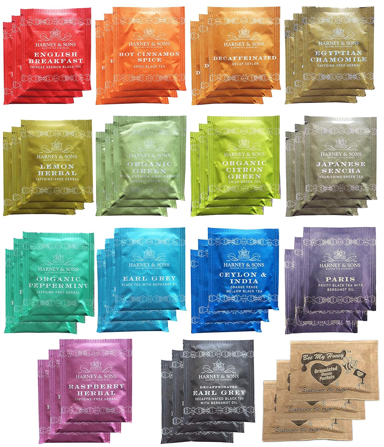 Harney & Sons Assorted Tea Bag Sampler Bundle 42 Count With Honey Crystal Packs Great for Birthday, Hostess and Co-worker Gifts, Tea Set Gifts, Tea Variety Pack