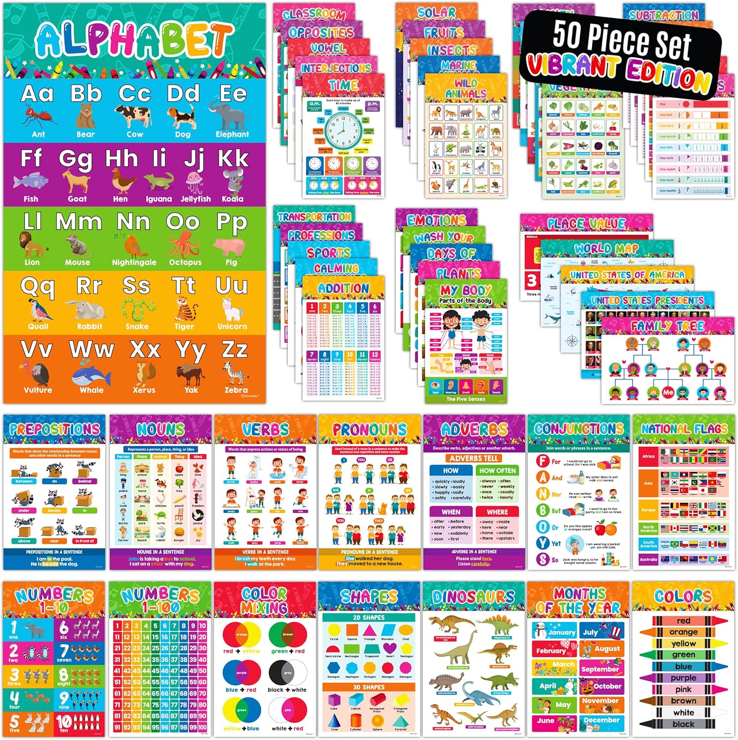 Decorably 50 Vibrant Kids Learning Posters Laminated, 11x17in Matte-Laminated Preschool Educational Posters for Kindergarten - Classrooms, School Hallways, Bulletin Boards, Home Study Room