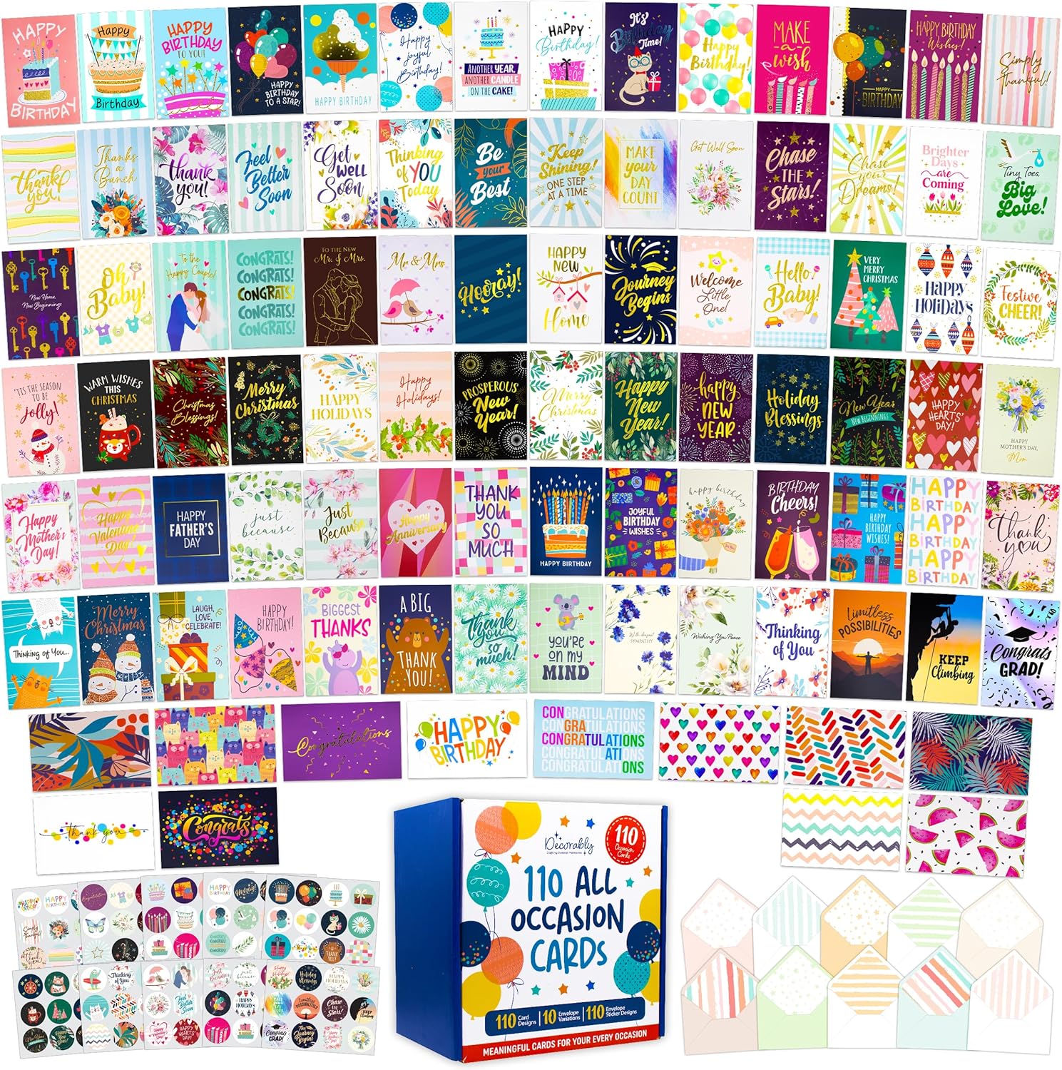 Decorably 110 Pack Gold Foiled & Glittery 5x7in All Occasion Cards Assortment Box with Envelopes and Stickers, 110 Unique Designs Assorted Cards with Envelopes All Occasion with Printed Message Inside