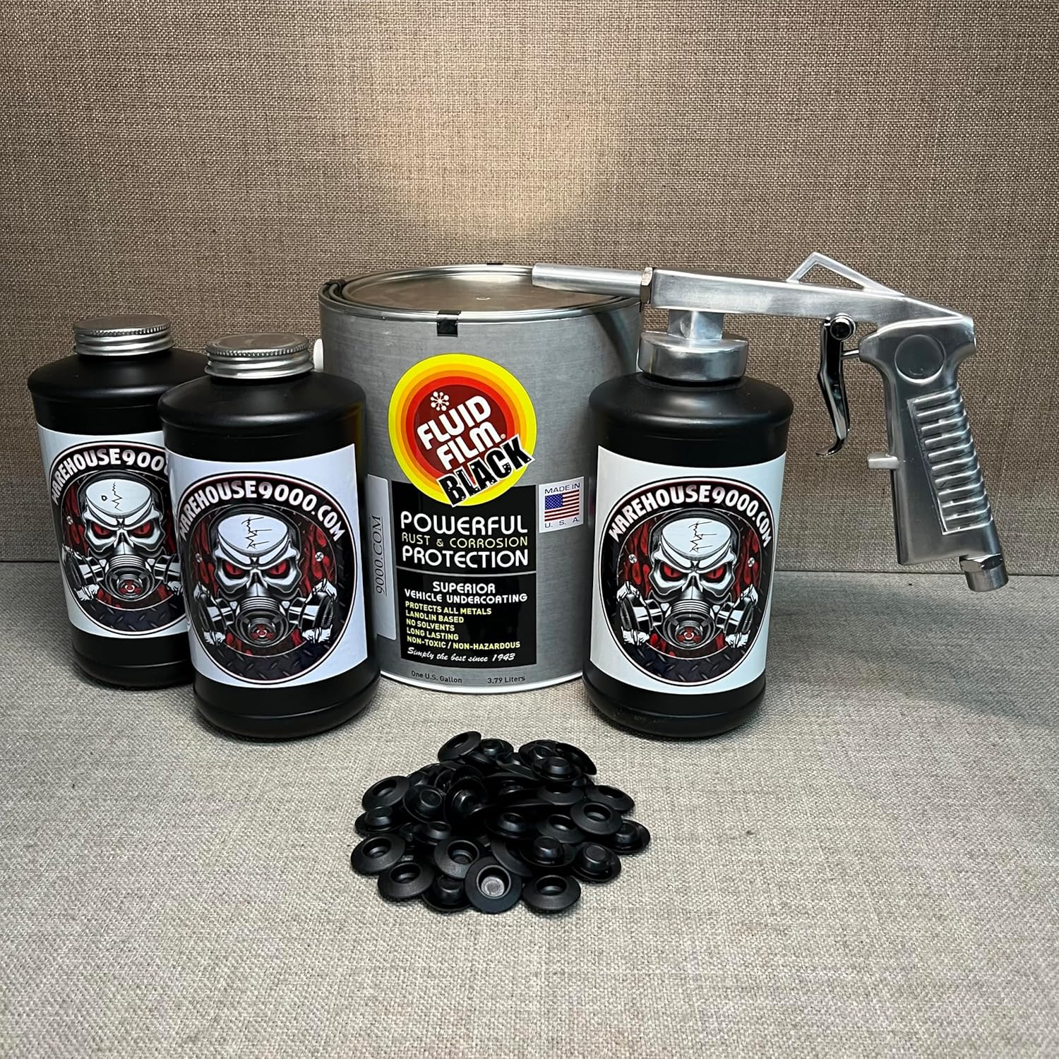 Fluid F1lm Black Gallon, Standard Economy Undercoating Gun, 3 Black Quart Bottles, and 50 Rust Plugs