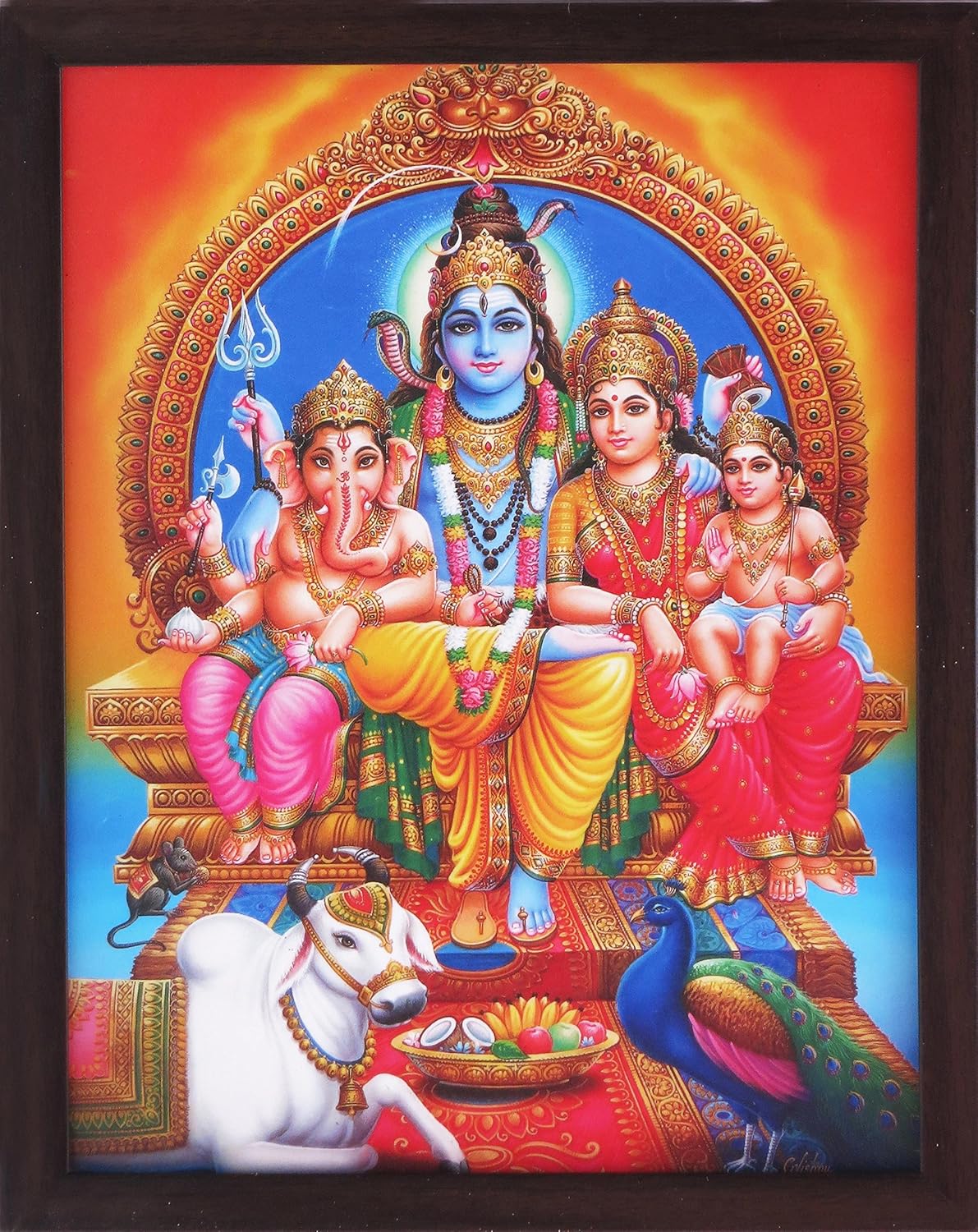 Shiva with his Whole Family Sitting on a Throne While Nandi and Peacock Sitting Near his feet.A Poster Painting with Frame for Hindu Religious Worship Purpose