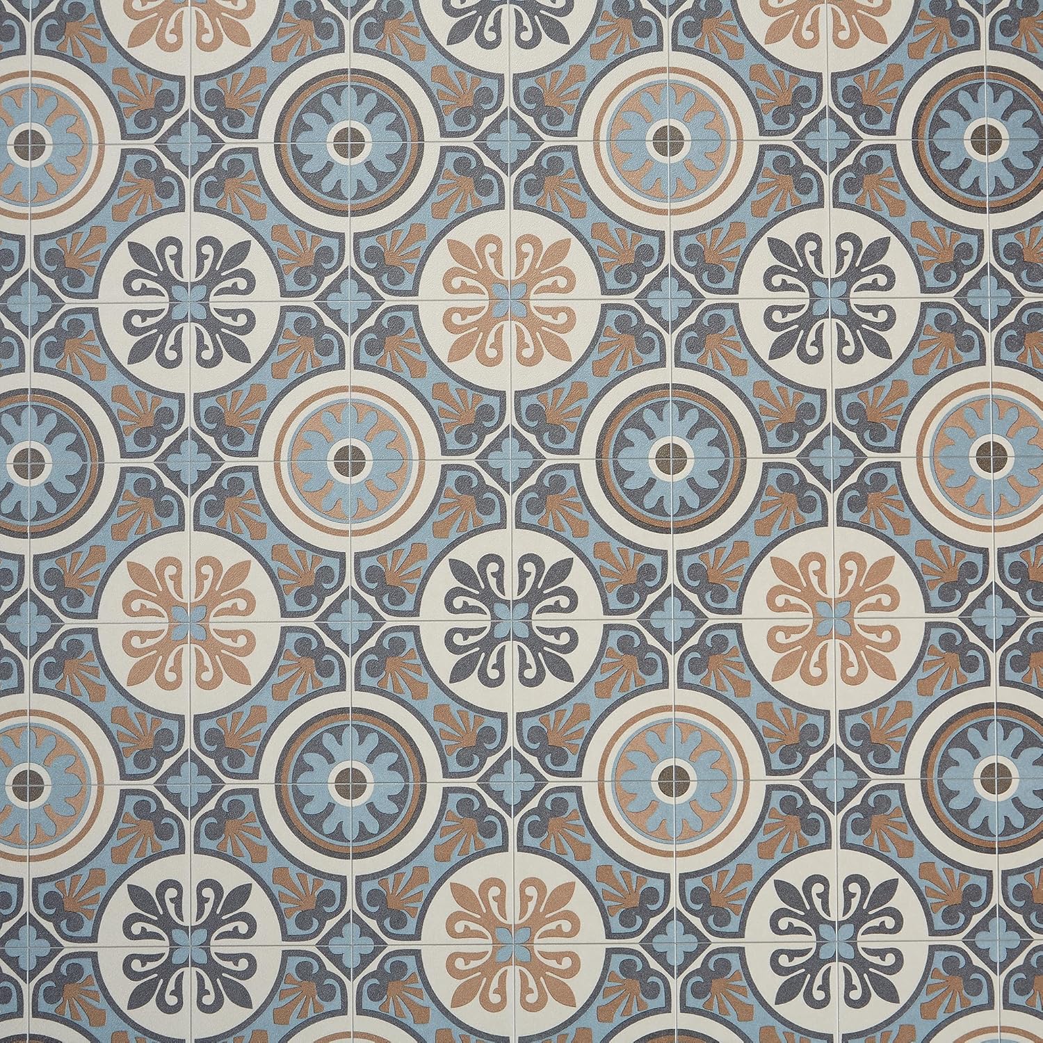 Moroccan Tile Design Cushion Vinyl Flooring Sheet Brown Grey & Blue Patterned Non Slip Lino Conservatory Kitchen Bathroom Floor (Tangier 05, Sample)