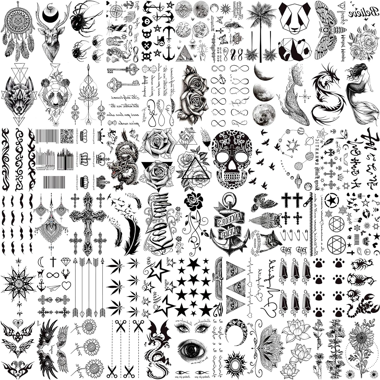 66 Sheets 3D Small Black Temporary Tattoos For Women Men Waterproof Fake Tattoo Stickers For Face Neck Arm Children Flower Birds Star Realistic Tatoo Kits For Boy Girls Adults