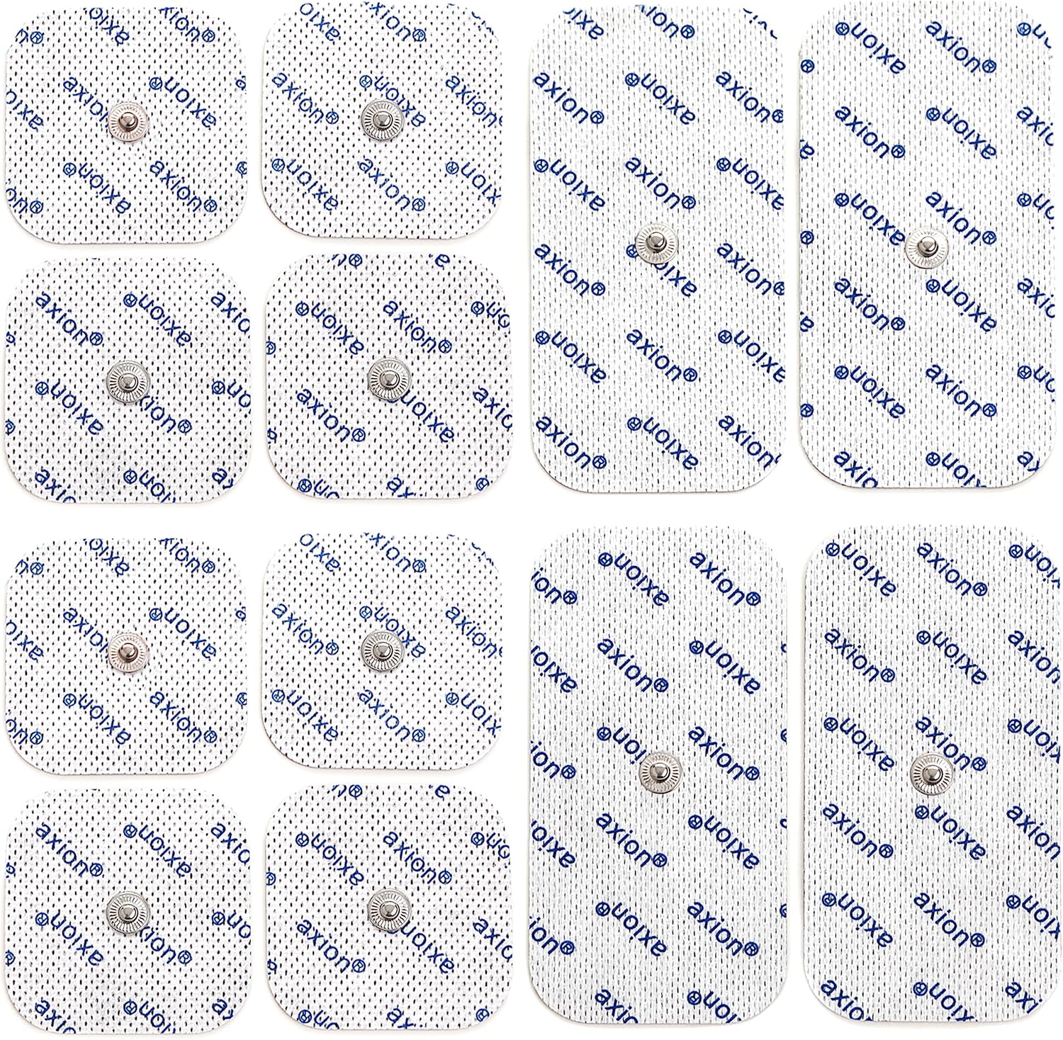 12 axion TENS Unit Electrode Pads Mix Set - 8 Square 2x2'' and 4 Rectangular 4x2'' Replacement Pads with 3,5mm Snap Button for TENS Machines and Muscle Stimulators | Reusable Self-Adhesive Electrodes