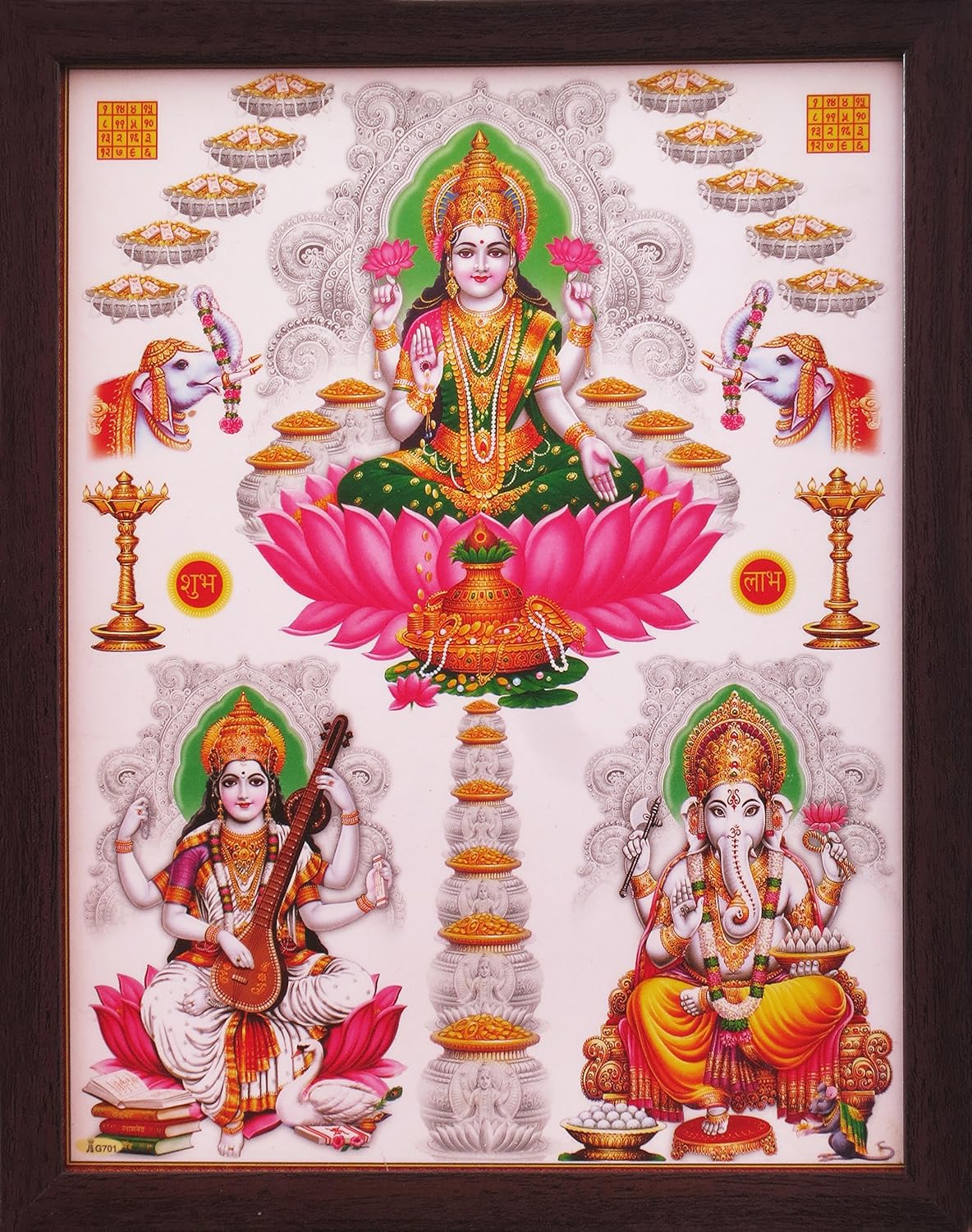 HandicraftStore Lakshmi with Saraswati and Ganesha, Poster Painting in Wood Frame, Must for Ever Home/Office/and Gift Purpose
