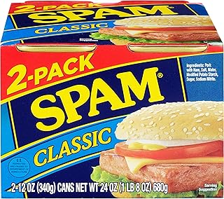 SPAM Classic Canned Meat, 12 Ounce (2 Pack), Fully Cooked Pork & Ham, 7g Protein Per Serving, 0g Trans Fat, Low Carb, Keto-Friendly, Gluten Free, Easy Open Can, Perfect for Sandwiches & Breakfast