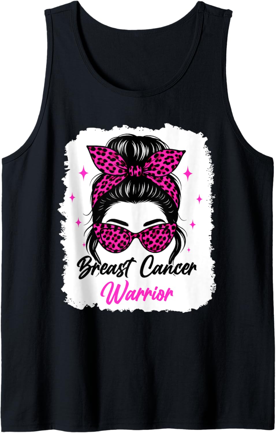 Messy Bun Breast Cancer Warrior Leopard Print Pink Awareness Tank Top